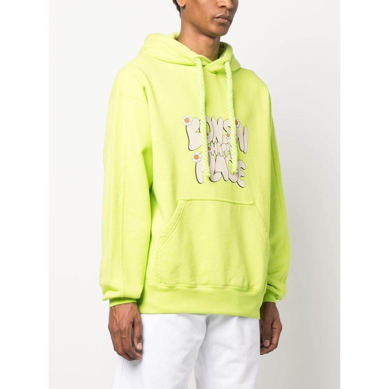 Neon green Bonsai slogan-print hoodie with drawstring hood, front pouch pocket, ribbed cuffs and hem, worn by model.