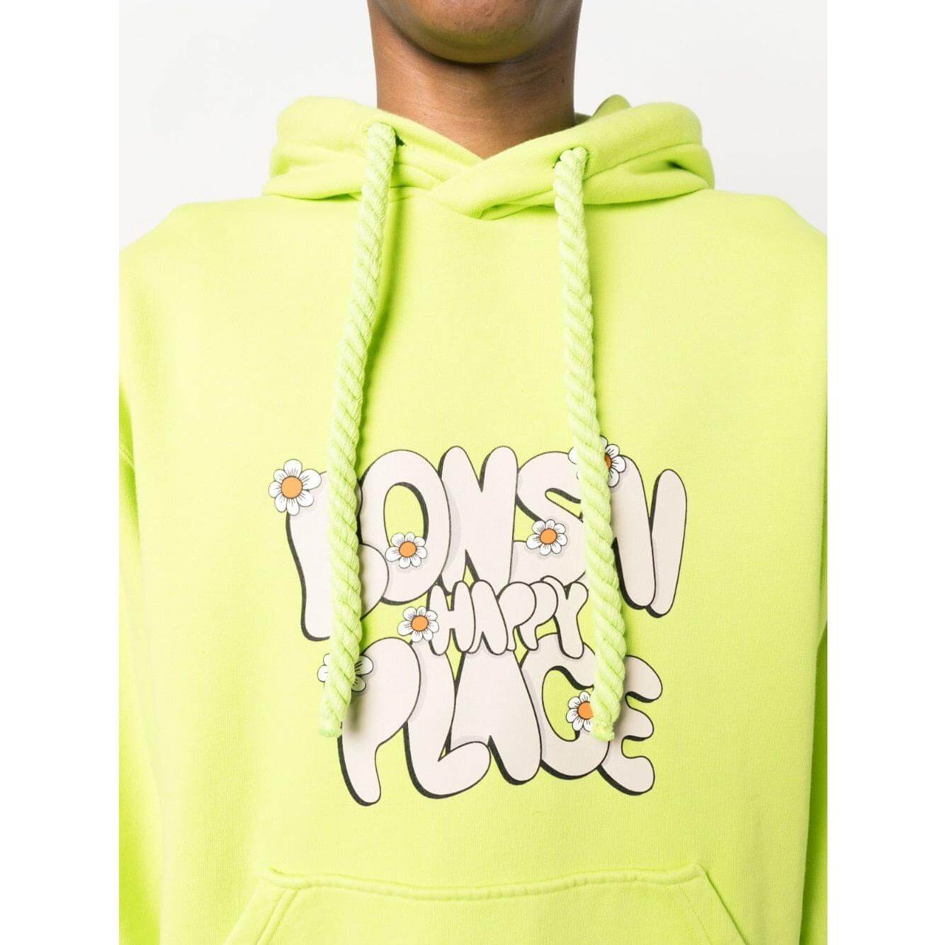 Neon green Bonsai sweater with slogan print, drawstring hood, and front pouch pocket, featuring ribbed cuffs and hem.