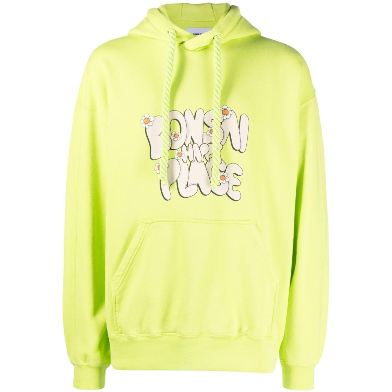Neon green Bonsai slogan-print hoodie with drawstring hood and front pouch pocket, featuring ribbed cuffs and hem, made of cotton.
