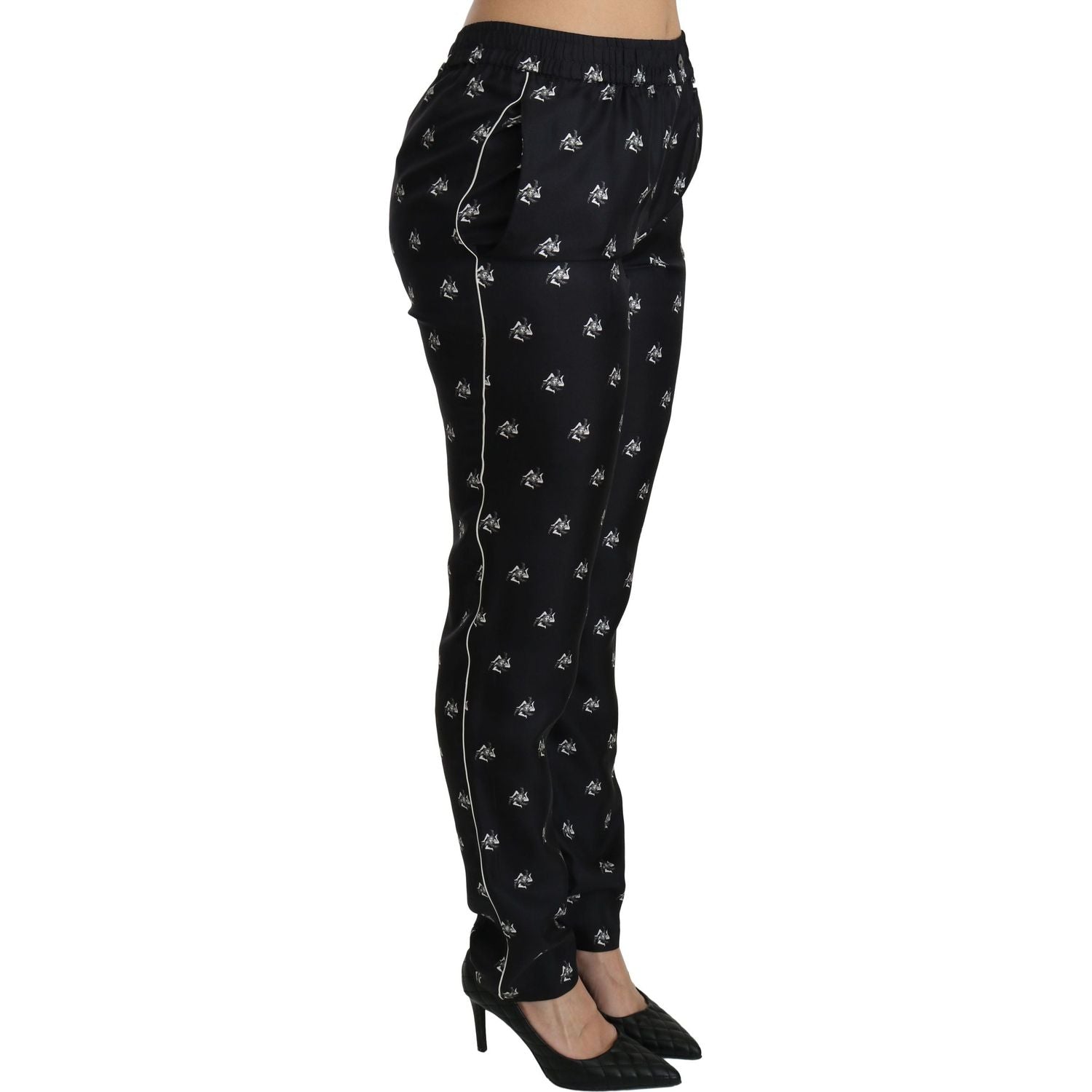 Dolce & Gabbana Black Printed Mid Waist Skinny Silk Pants