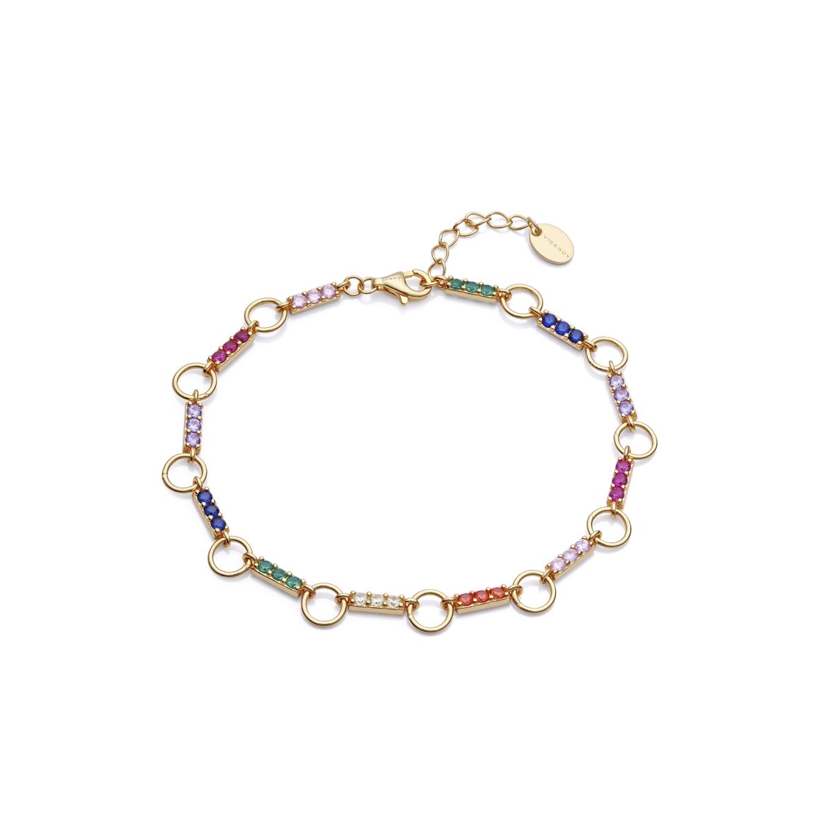Colorful gemstone bracelet with gold links and adjustable clasp, showing vibrant jewelry design.