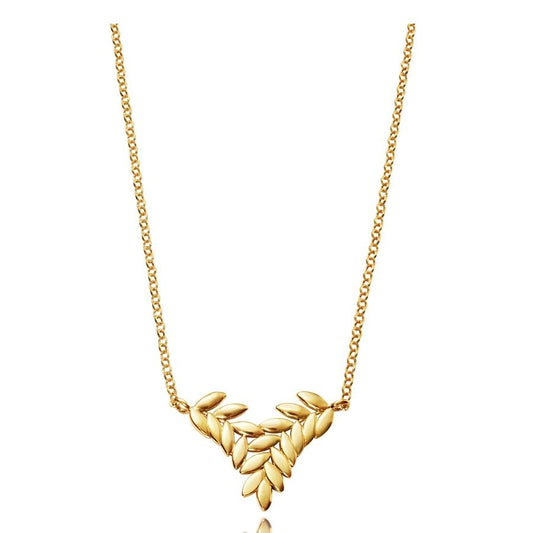 Gold leaf design necklace on a chain, featuring elegant gold leaves interwoven in a symmetrical pattern against a white background.