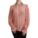 Dolce & Gabbana Elegant Pink Lace Silk Blouse with Gold Sequins 1728,67345645728,Clothing,Dolce & Gabbana,Gold,IT44|L,New with tags,Shirts - Women - Clothing,Women,Women - Clothing Dolce & Gabbana TSH4663-44