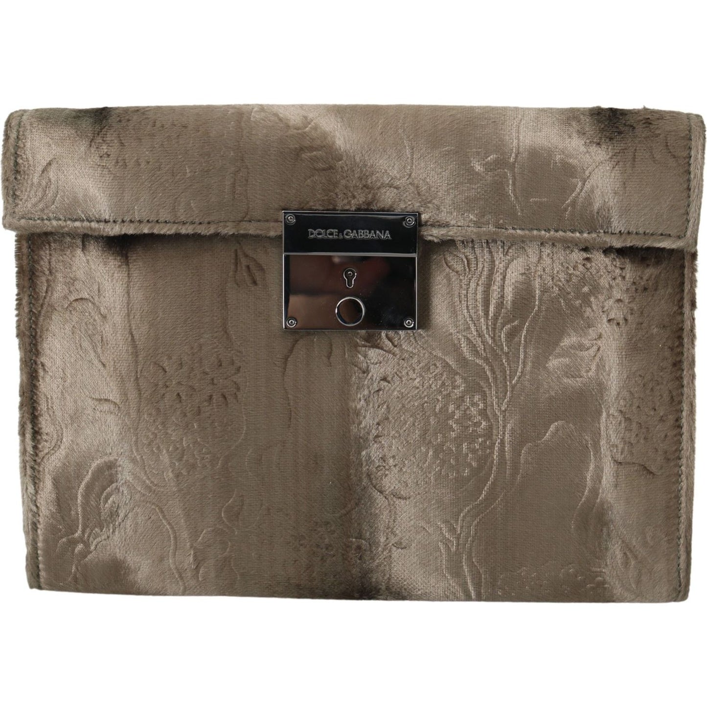 Dolce & Gabbana Beige Velvet Croco-Print Leather Briefcase Clutch Clutch Dolce & Gabbana Dim Gray
