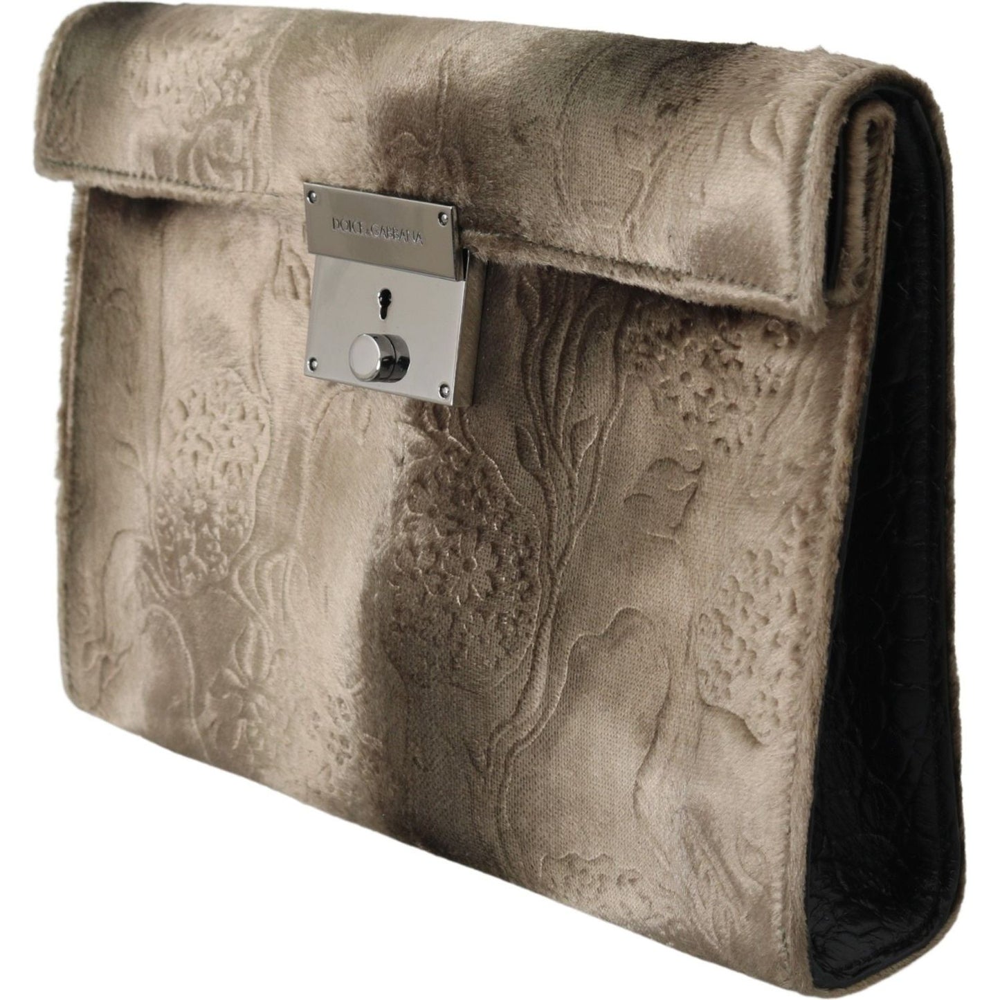 Dolce & Gabbana Beige Velvet Croco-Print Leather Briefcase Clutch Clutch Dolce & Gabbana Slate Gray