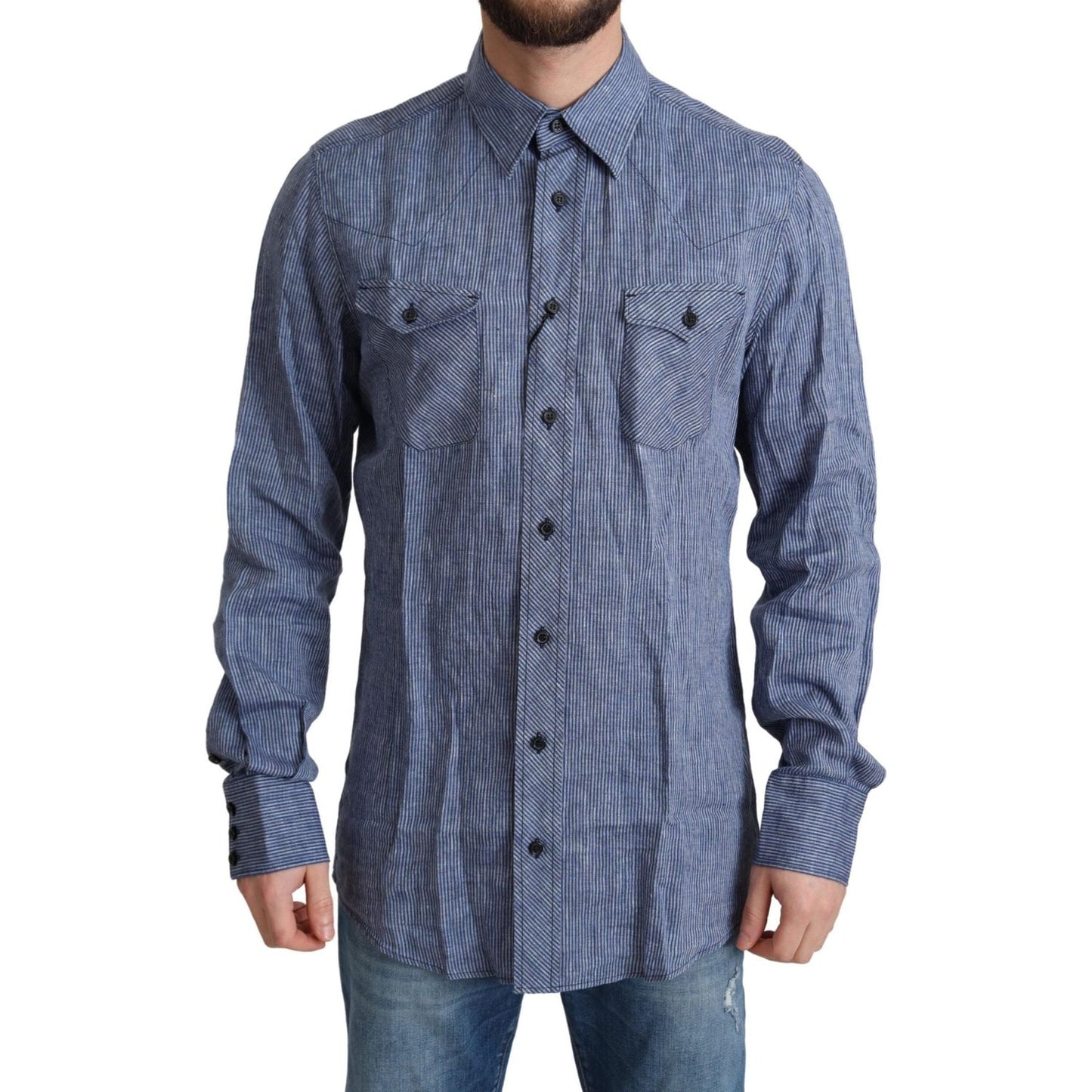 Dolce & Gabbana Elegant Striped Linen Button-Down Shirt Dolce & Gabbana Dim Gray