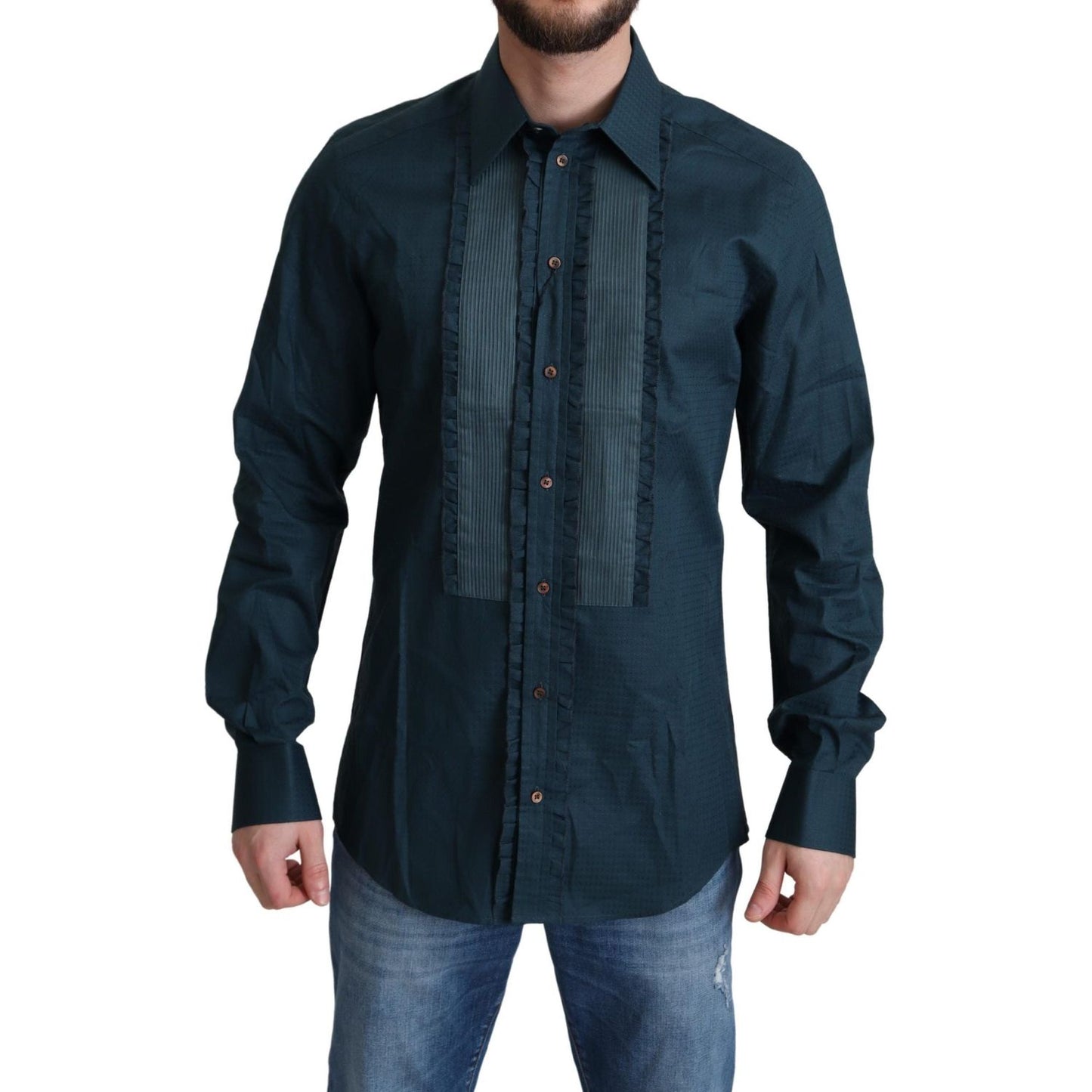 Dolce & Gabbana Elegant Blue Ruffled Tuxedo Shirt Dolce & Gabbana Dark Slate Gray
