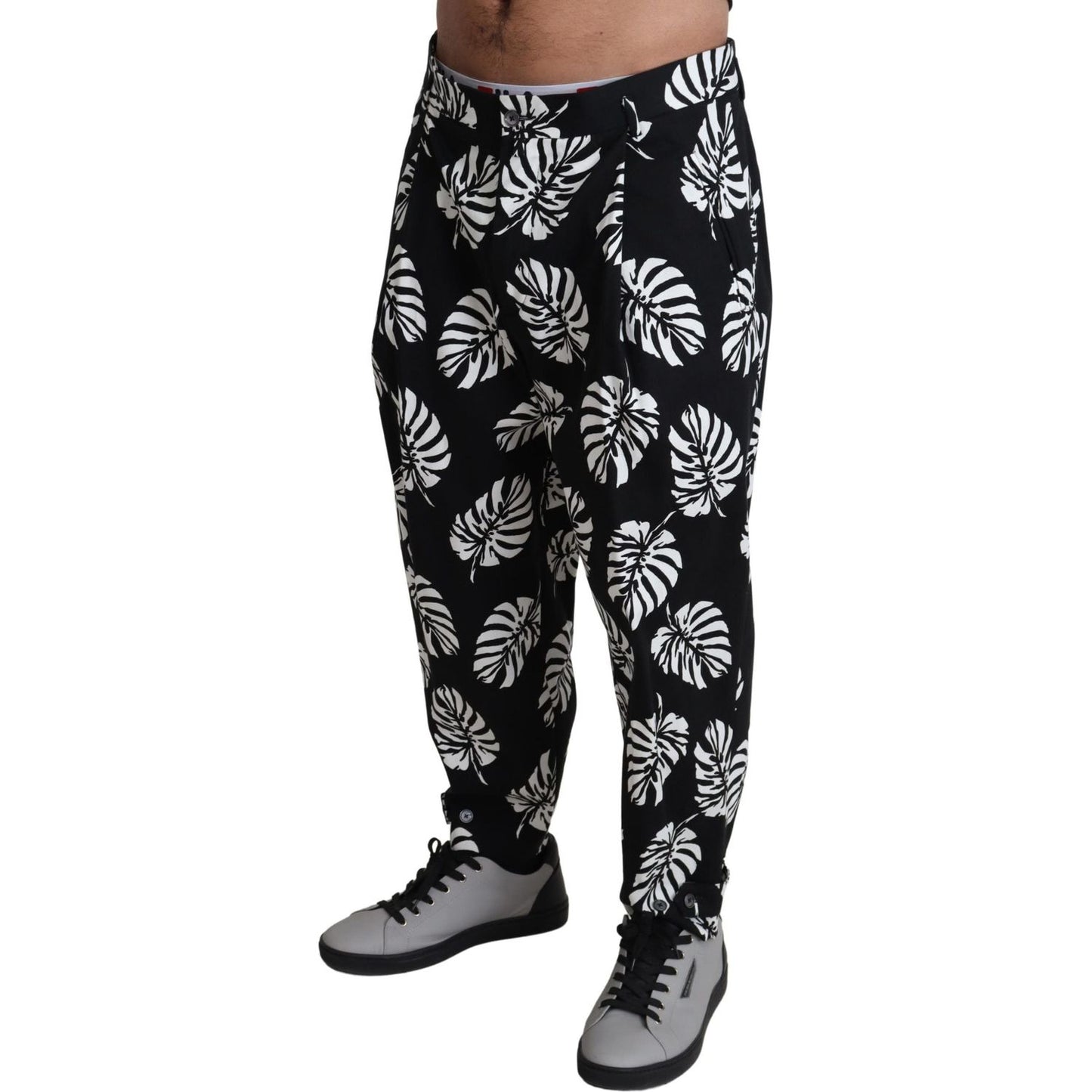 Dolce & Gabbana Elegant Palm Leaf Print Cotton Trousers Dolce & Gabbana Gray