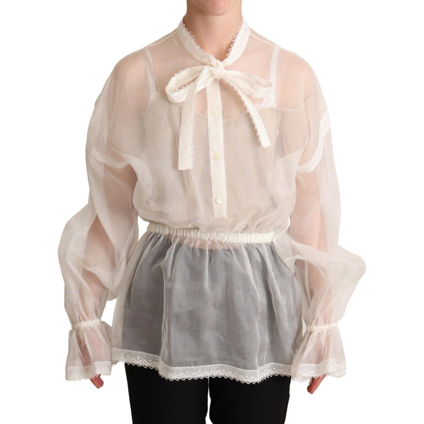 Dolce & Gabbana Elegant White Silk-Cotton Ascot Blouse Dolce & Gabbana Gray
