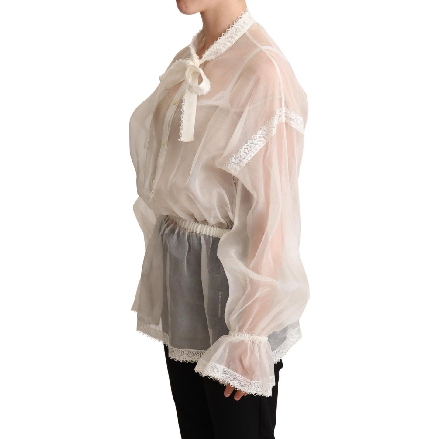Dolce & Gabbana Elegant White Silk-Cotton Ascot Blouse Dolce & Gabbana Dark Gray