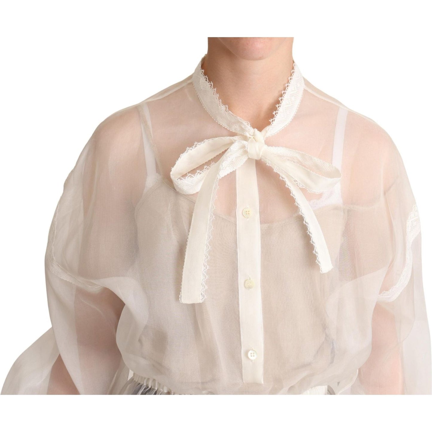 Dolce & Gabbana Elegant White Silk-Cotton Ascot Blouse Dolce & Gabbana Light Gray