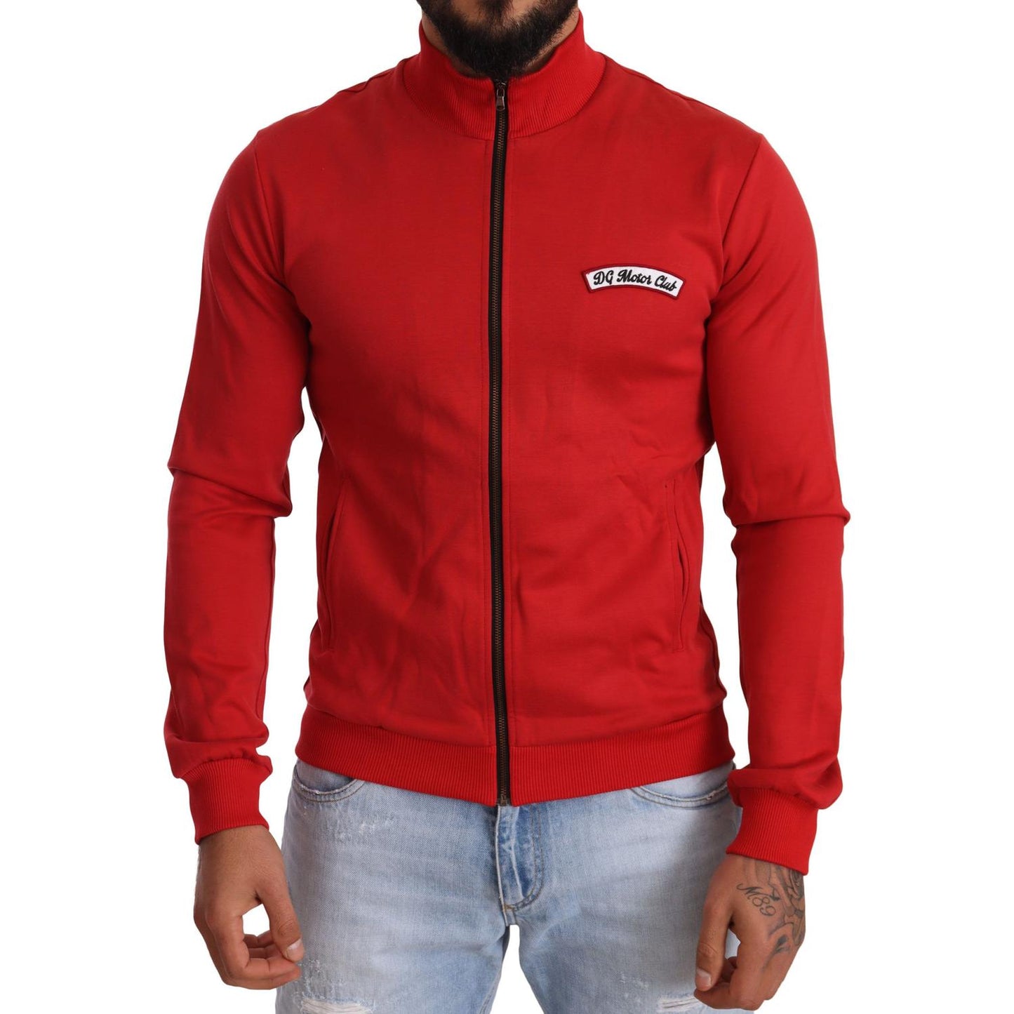 Dolce & Gabbana Elegant Red Full Zip Sweater with DG Motor Club Motif MAN SWEATERS Dolce & Gabbana Firebrick