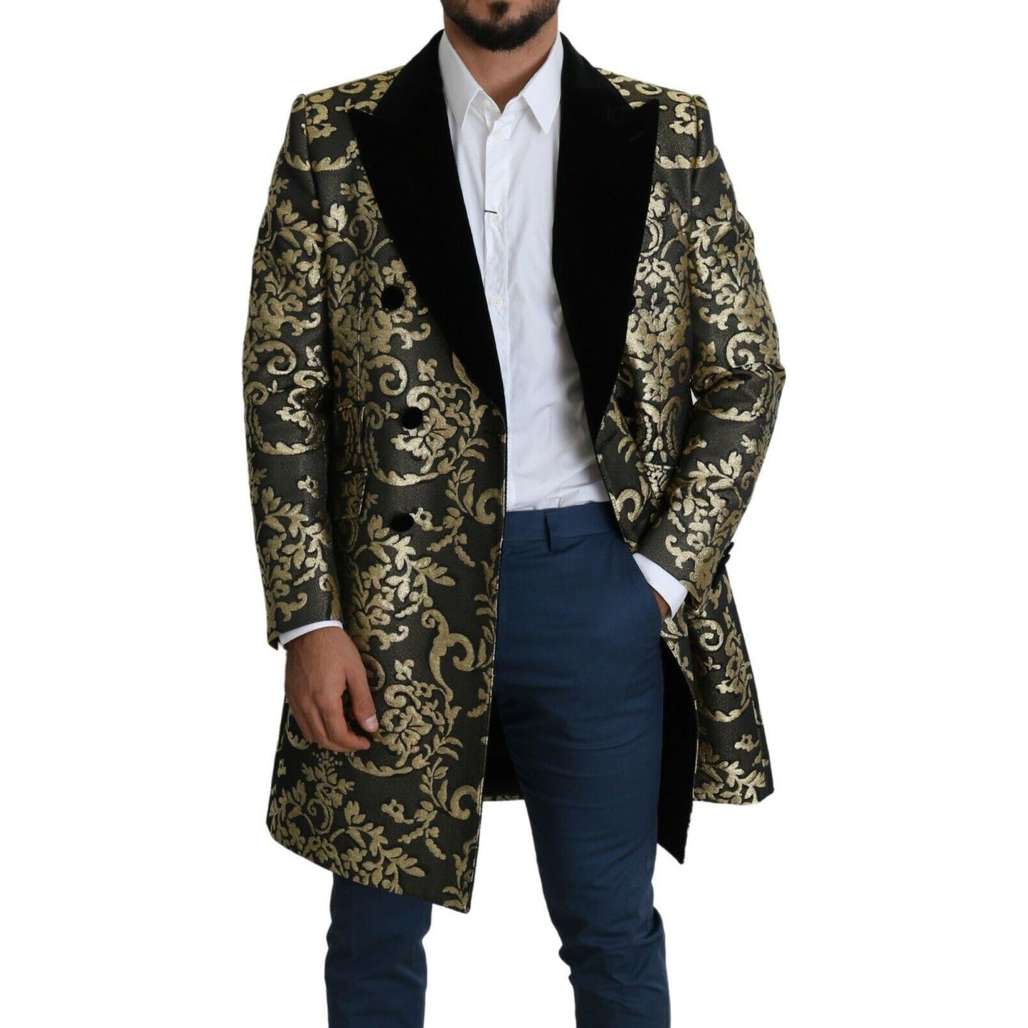 Dolce & Gabbana Black Gold Jacquard Long Coat SICILIA Jacket JKT2723- 46