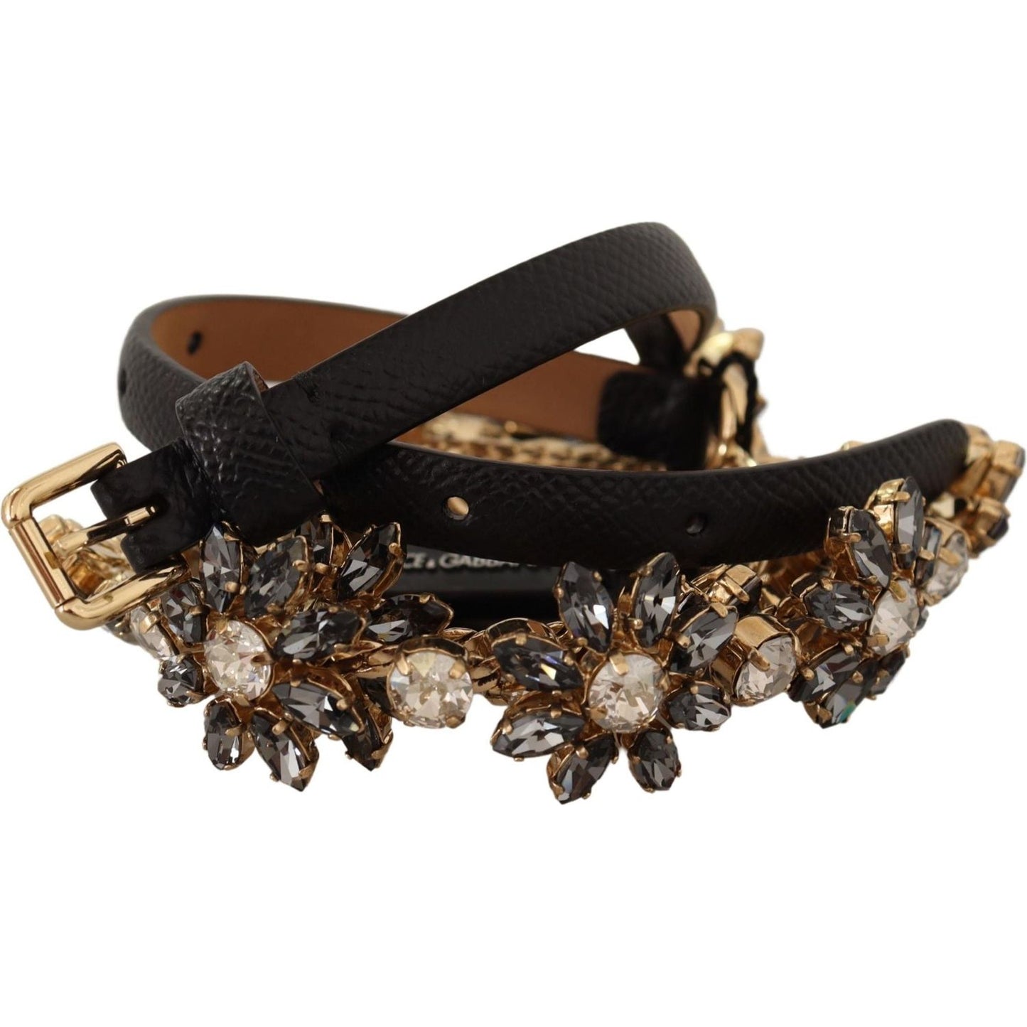 Dolce & Gabbana Elegant Crystal Daisy Chain Leather Belt WOMAN BELTS Dolce & Gabbana Black