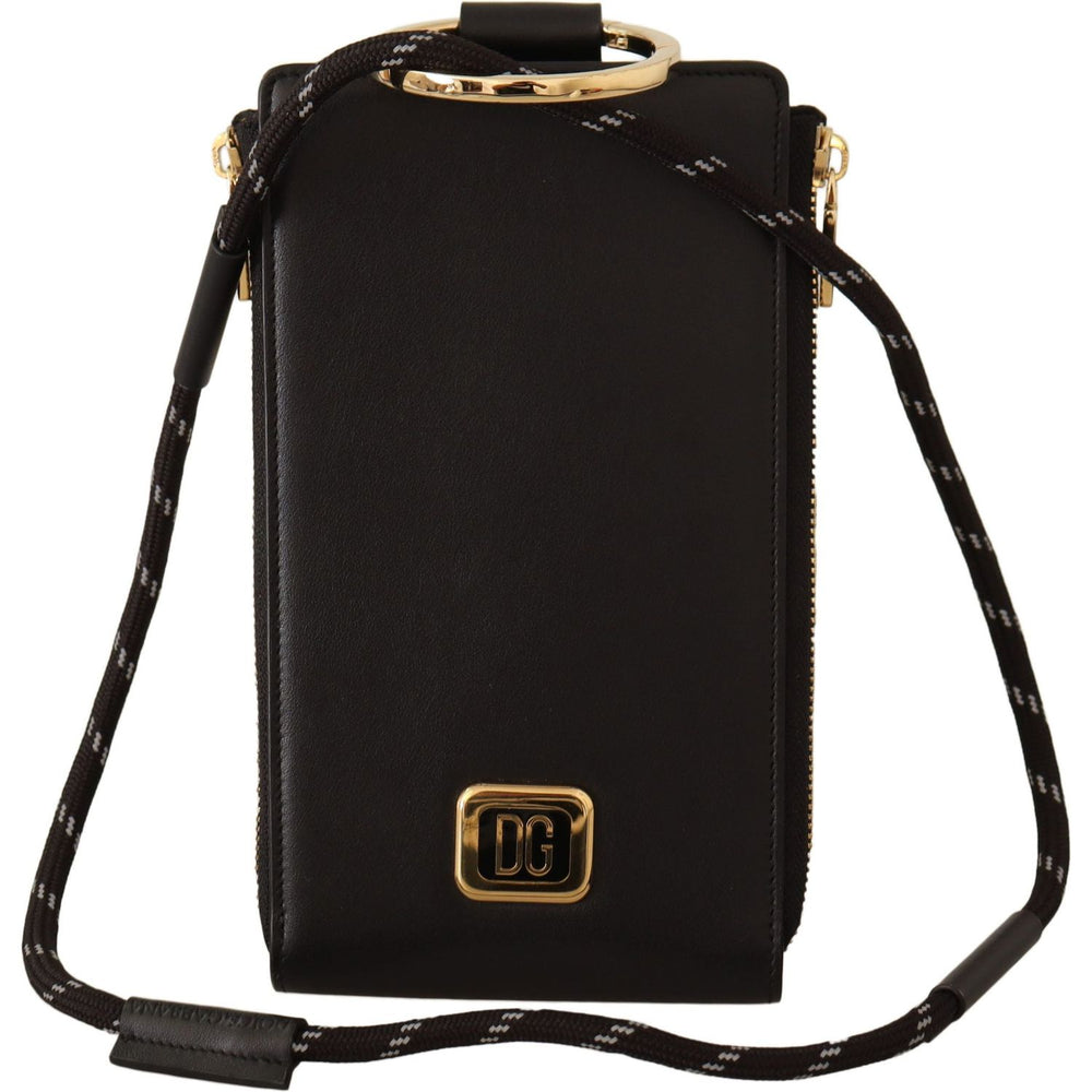 Dolce & Gabbana Black Leather Logo Plaque Neck Strap Card Coin Wallet VAS12893