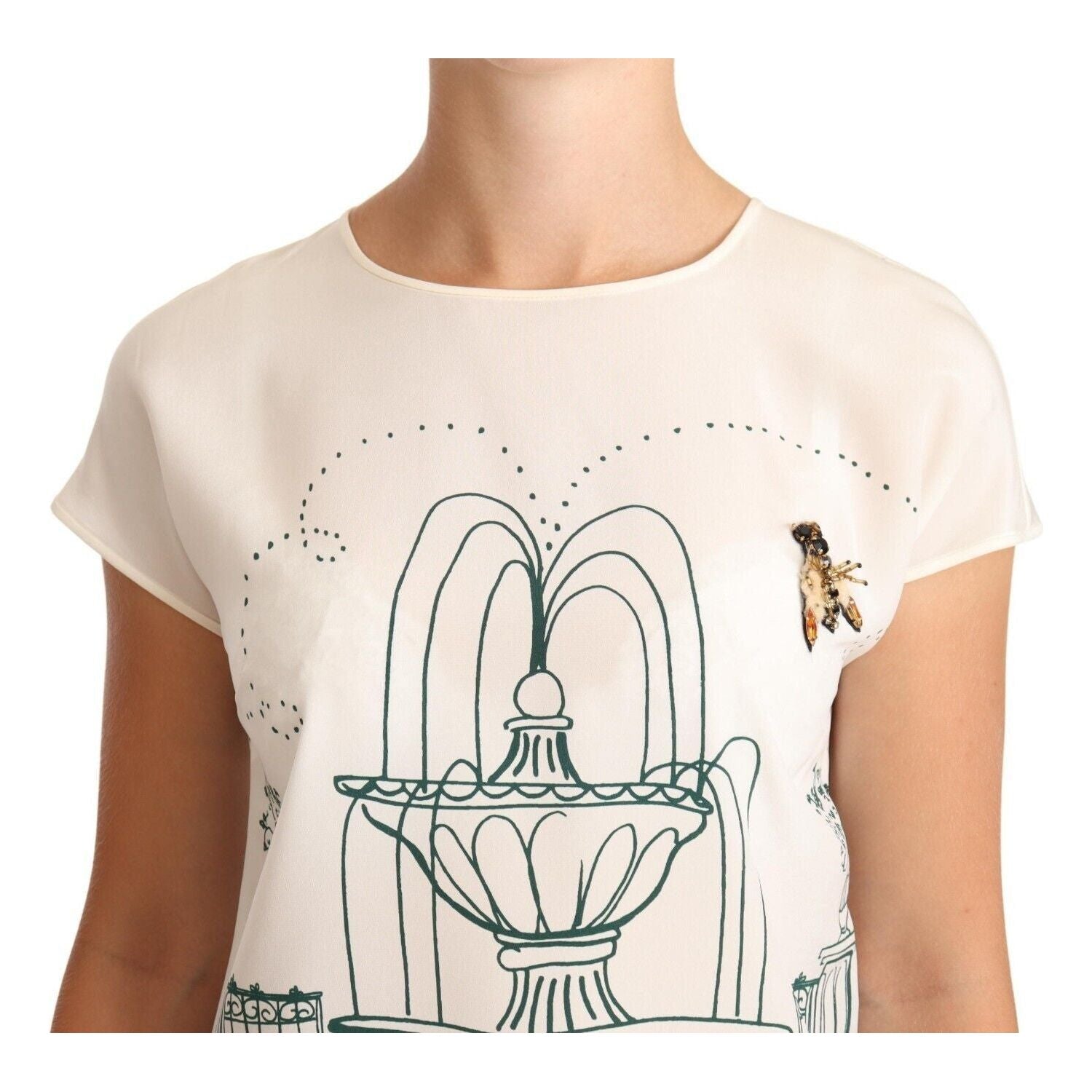 Dolce & Gabbana White Silk Garden Fountain T-Shirt Blouse