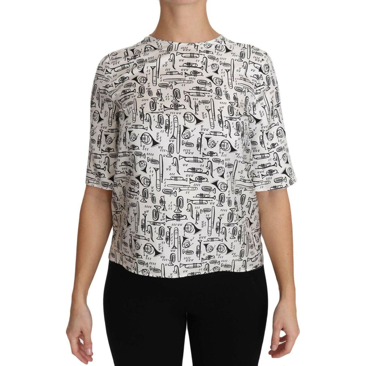 Dolce & Gabbana Elegant Trumpet Print Silk Blouse Top Blouse Top Dolce & Gabbana Gray