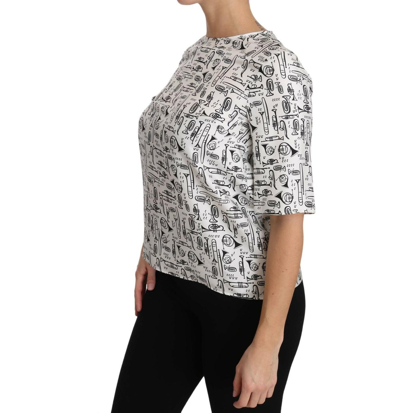 Dolce & Gabbana Elegant Trumpet Print Silk Blouse Top Blouse Top Dolce & Gabbana Gray