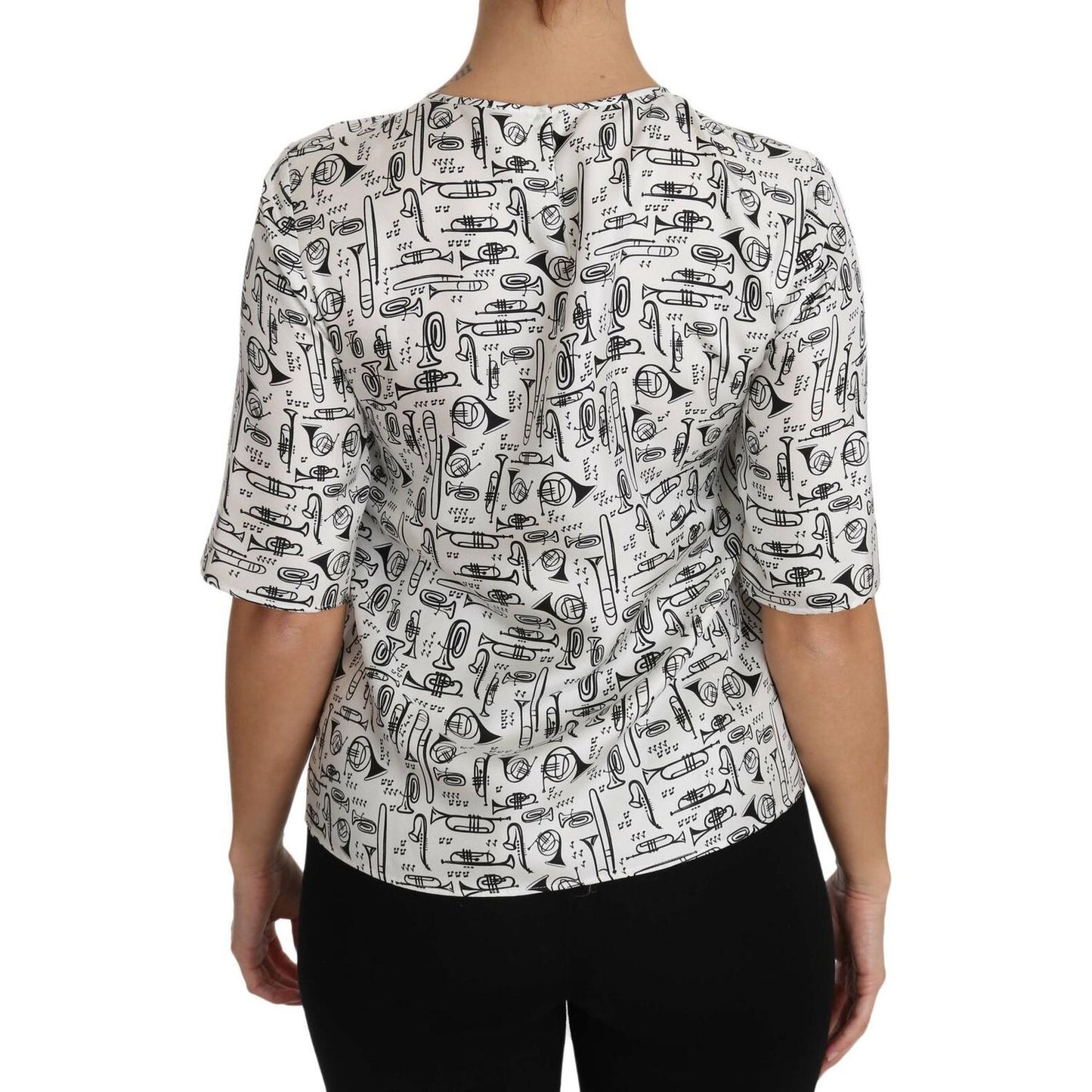 Dolce & Gabbana Elegant Trumpet Print Silk Blouse Top Blouse Top Dolce & Gabbana Gray