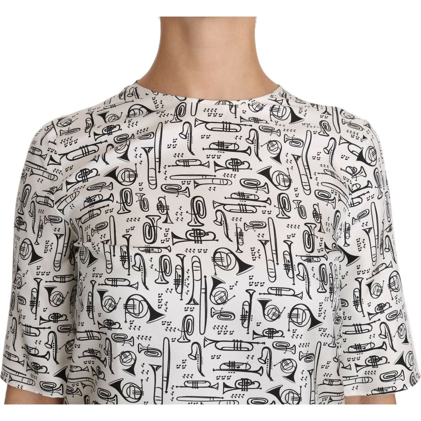 Dolce & Gabbana Elegant Trumpet Print Silk Blouse Top Blouse Top Dolce & Gabbana Light Gray