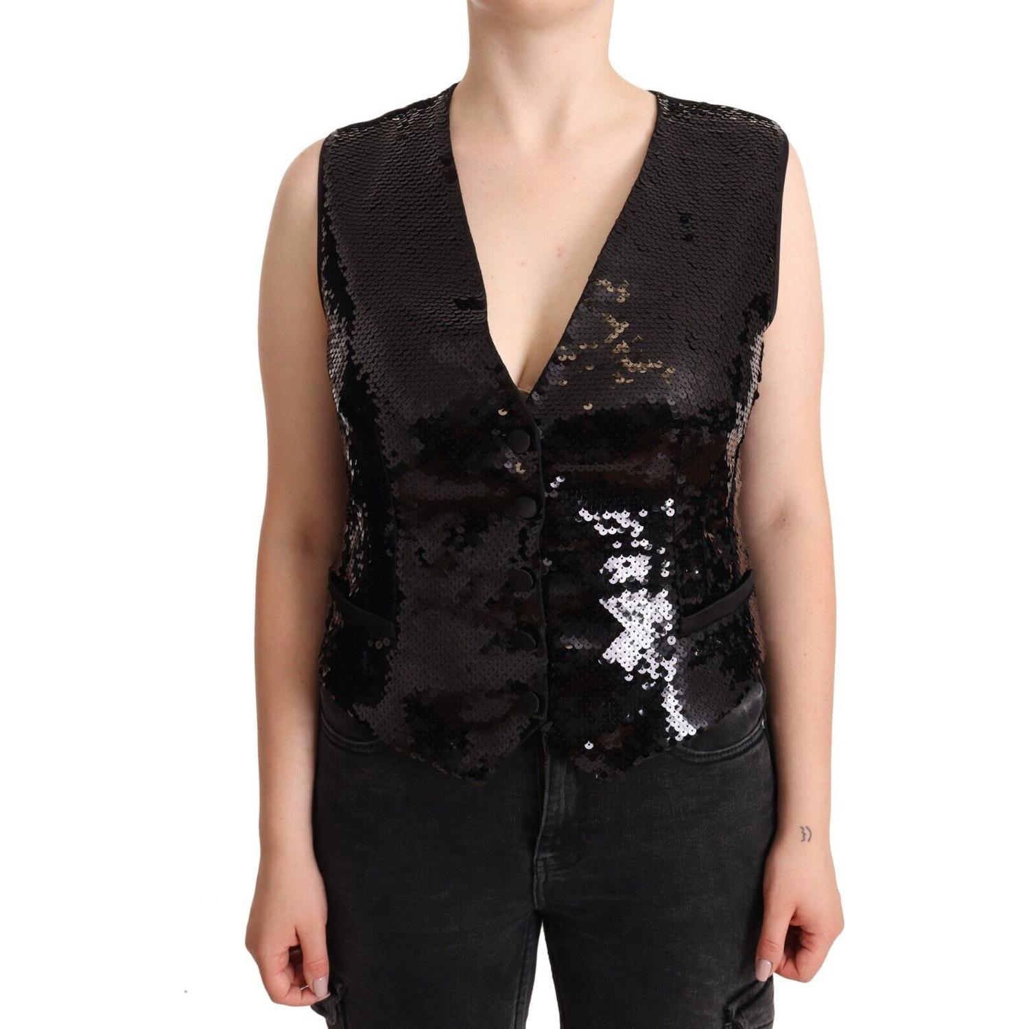 Dolce & Gabbana Black Sequin V-Neck Sleeveless Vest Tank Top
