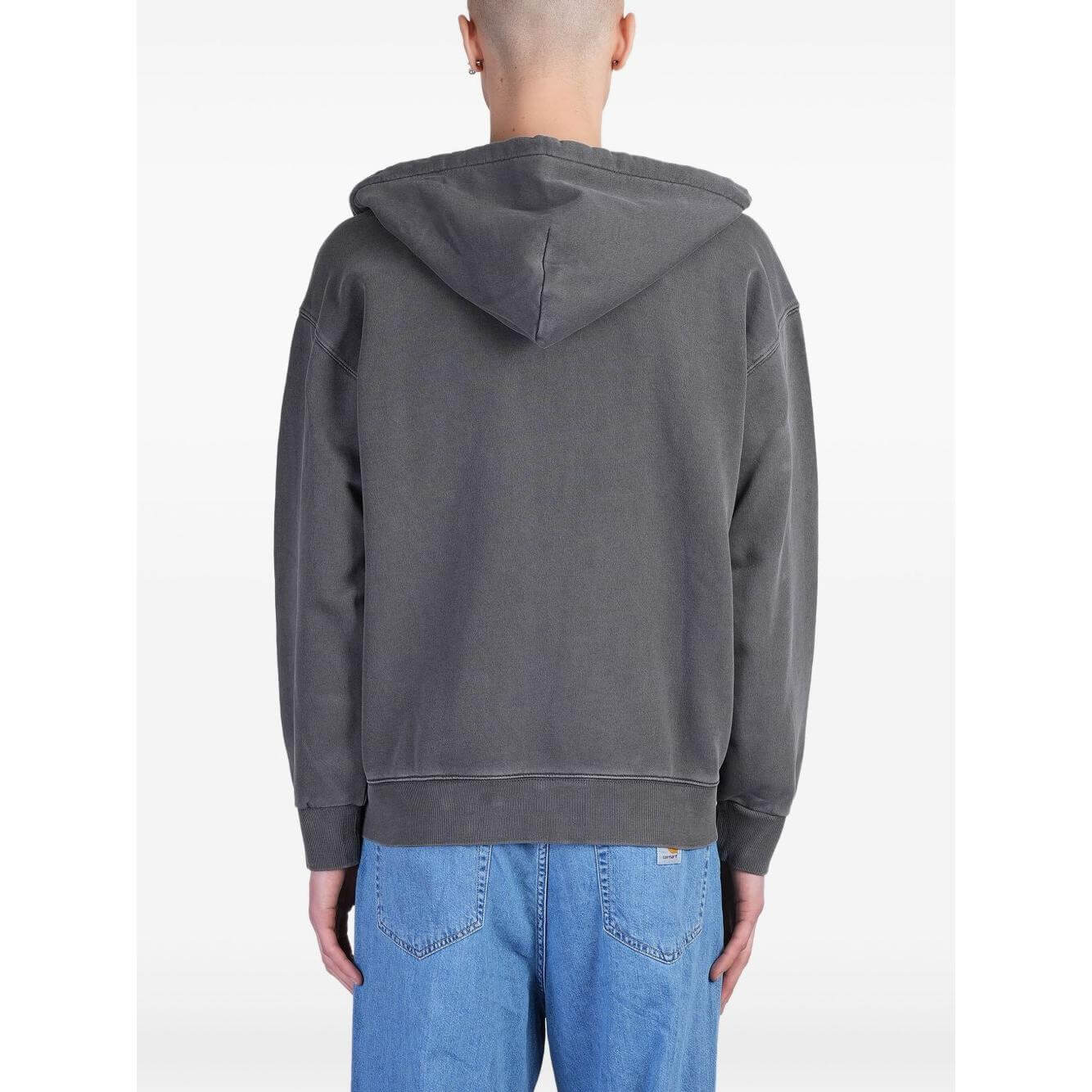 Back view of Carhartt WIP grey sweater with hood and ribbed cuffs.