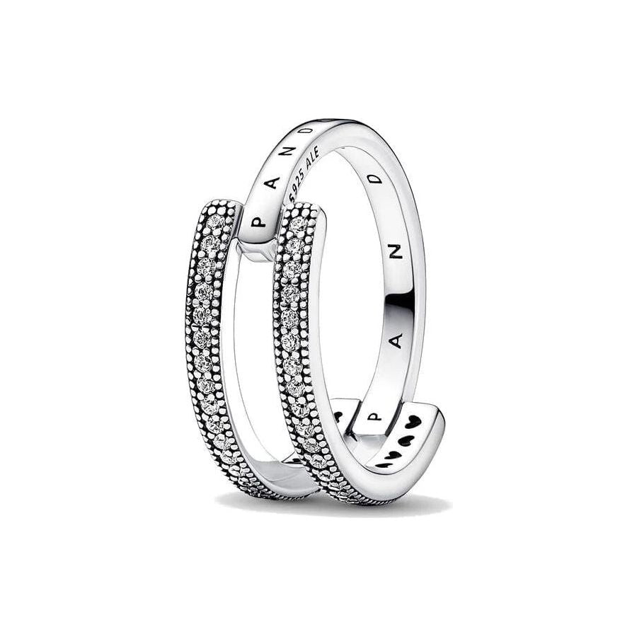 خاتم PANDORA JEWELS Mod. SIGNATURE LOGO & PAVE DOUBLE BAND - مقاس 54