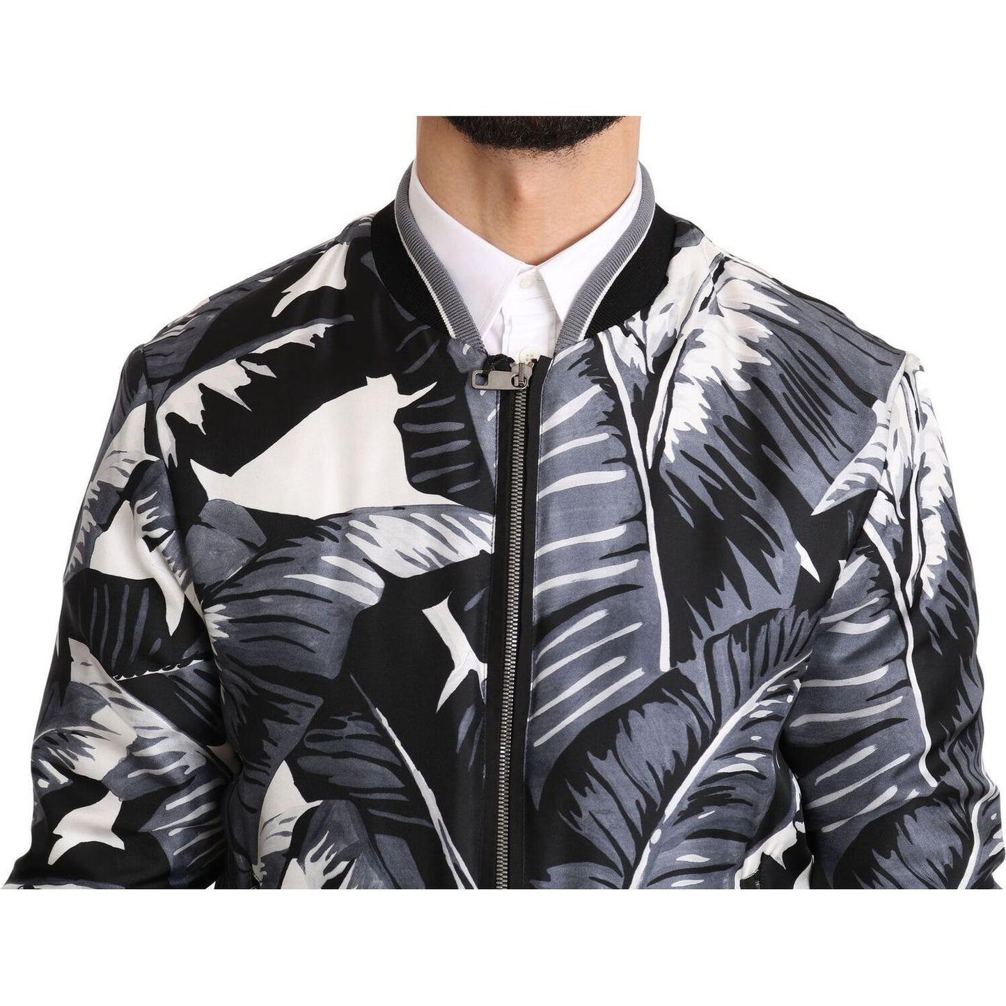 Dolce & Gabbana Elegant Banana Leaf Print Silk Bomber Jacket Dolce & Gabbana Dark Slate Gray