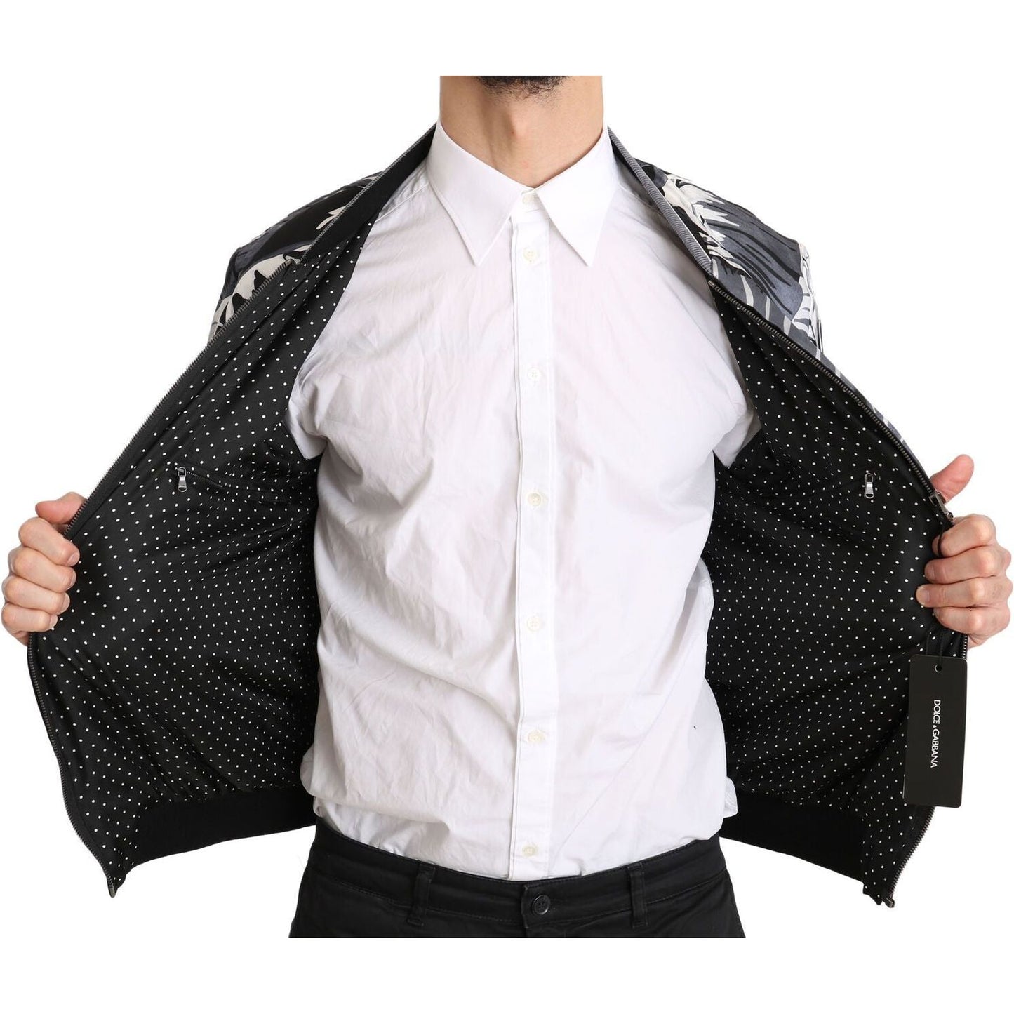 Dolce & Gabbana Elegant Banana Leaf Print Silk Bomber Jacket Dolce & Gabbana Light Gray
