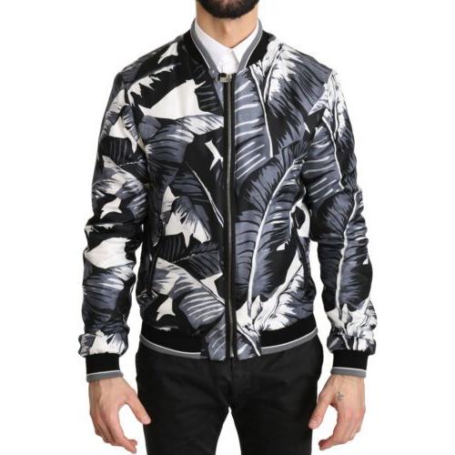 Dolce & Gabbana Elegant Banana Leaf Print Silk Bomber Jacket Dolce & Gabbana Light Gray