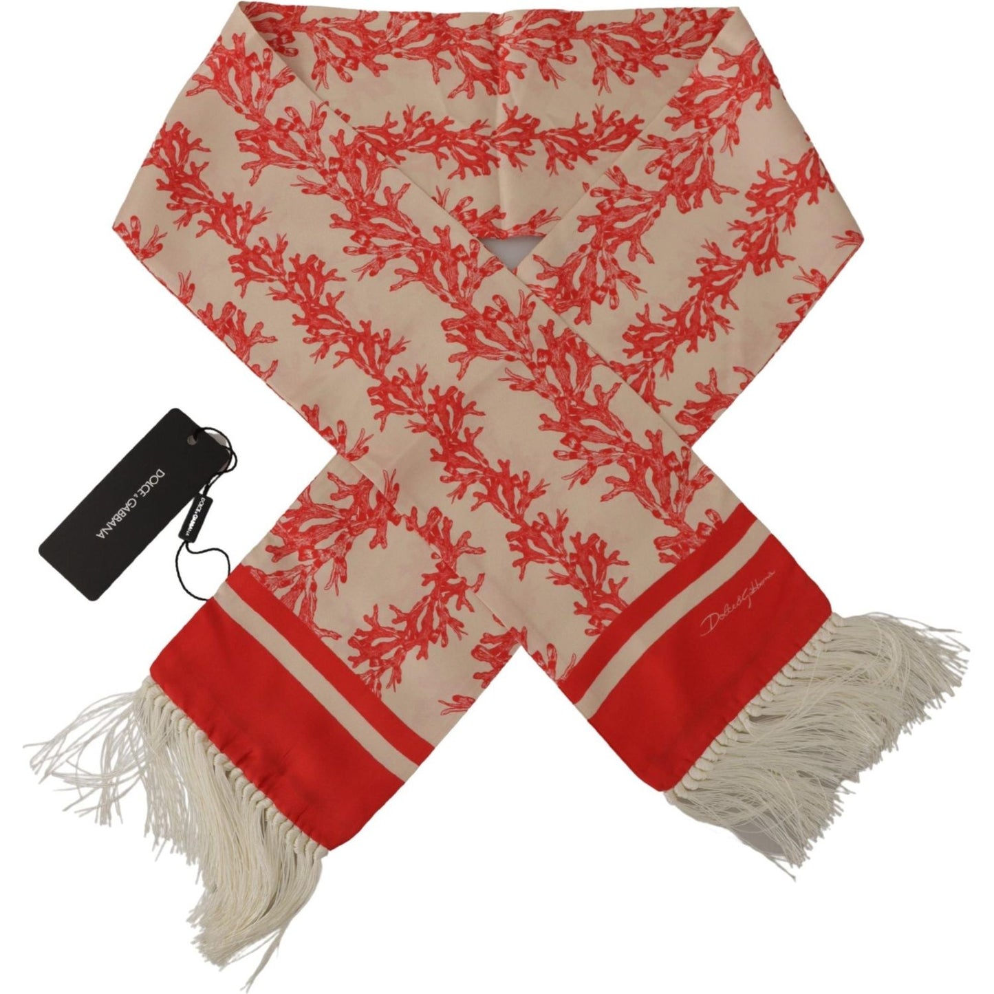 Dolce & Gabbana White Red Coral Print Shawl Wrap Fringe Scarf