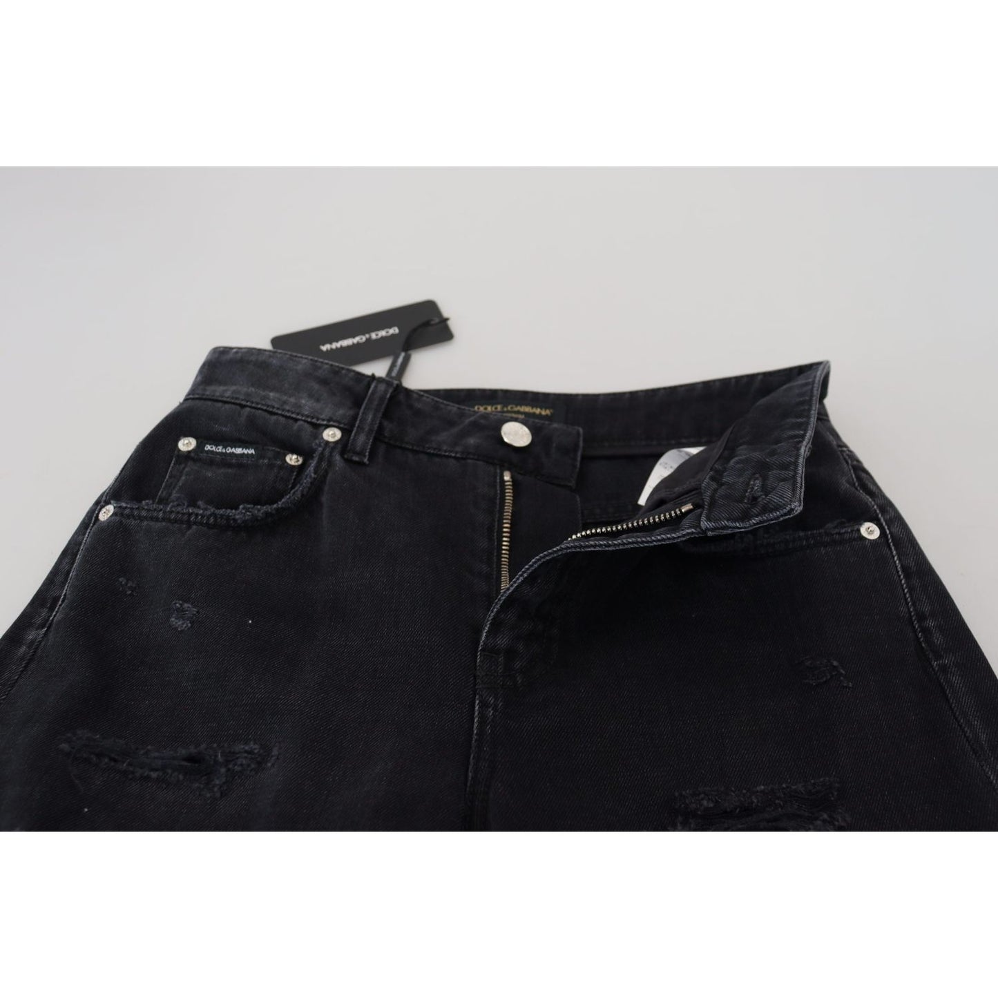 Dolce & Gabbana Black Cotton Tattered High Waist Denim Jeans PAN73081 - 40
