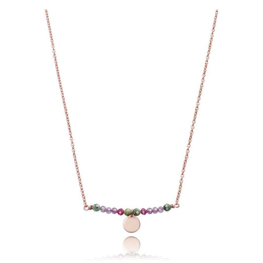 Elegant necklace with colorful beads and round pendant on a delicate chain, showcased on a white background.