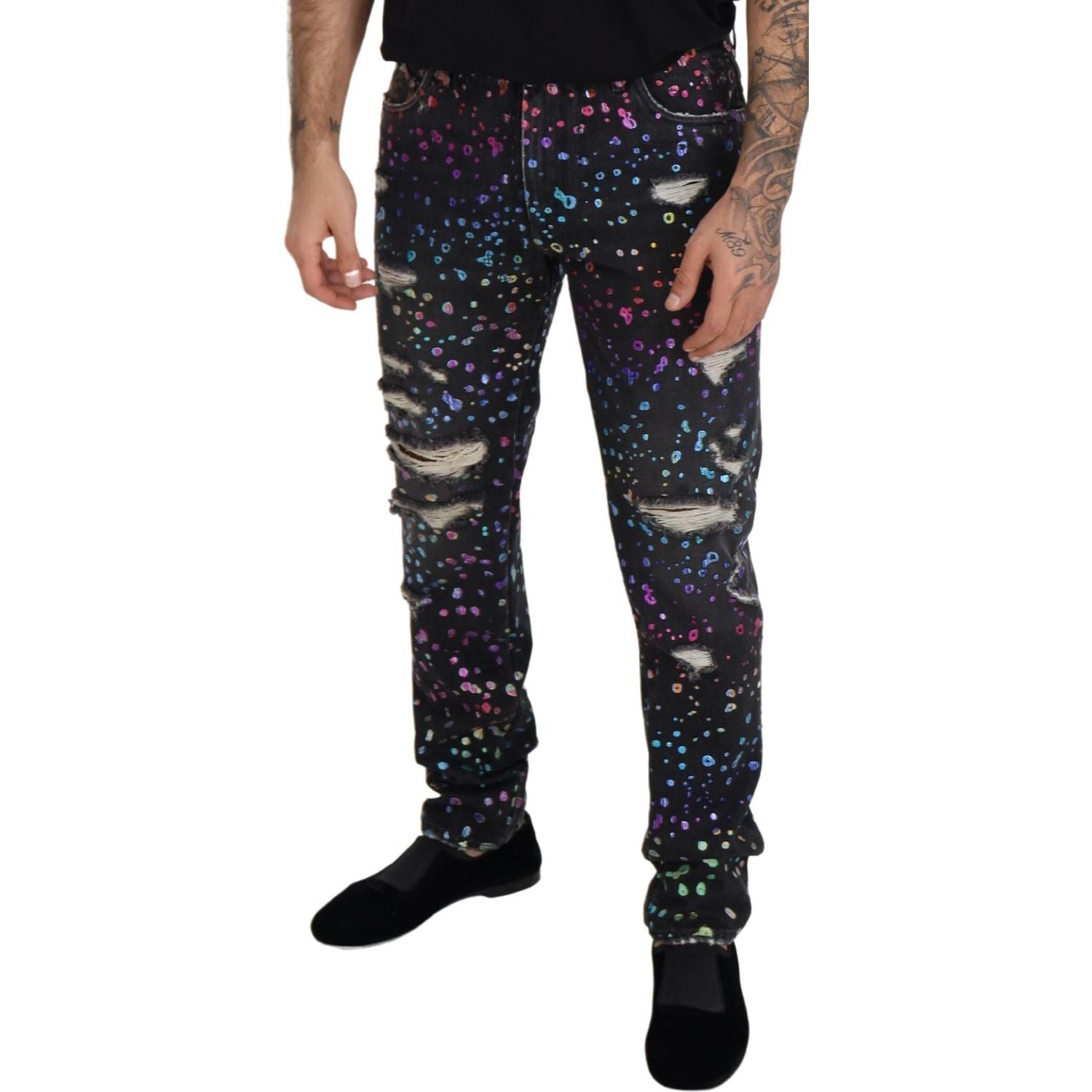 Dolce & Gabbana Black Multicolor Print Tattered Denim Jeans