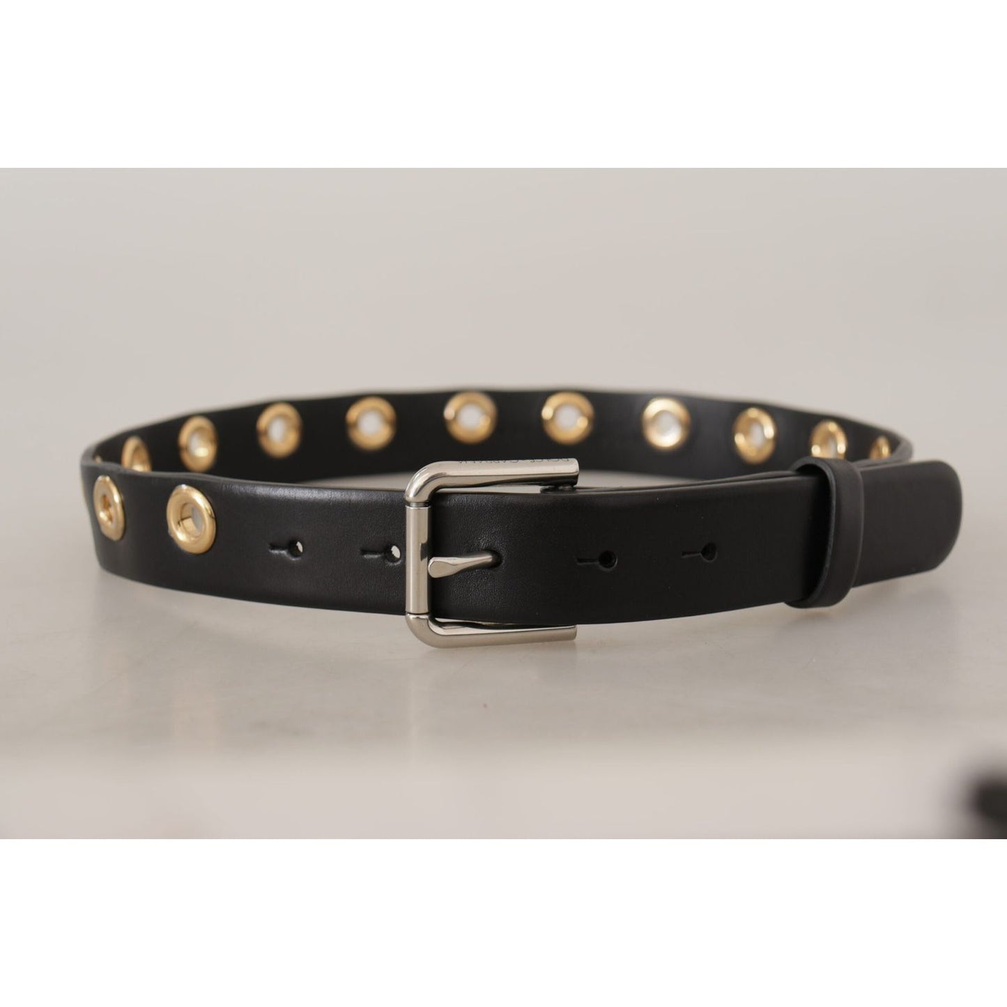 Dolce & Gabbana Chic Black Leather Belt with Engraved Buckle Dolce & Gabbana Gray