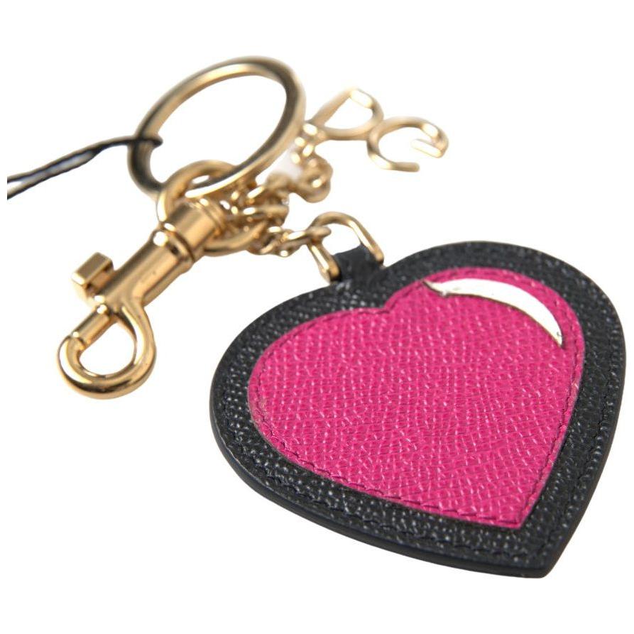 Dolce & Gabbana Black Fuchsia Heart Leather Gold Metal Keyring Keychain SMY101196