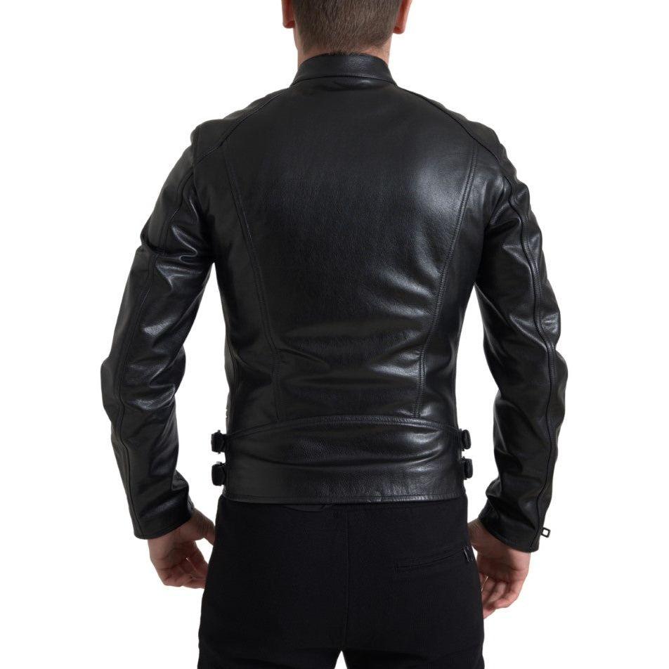Dolce & Gabbana Black Leather Zipper Coat Men Jacket JKT3653-48
