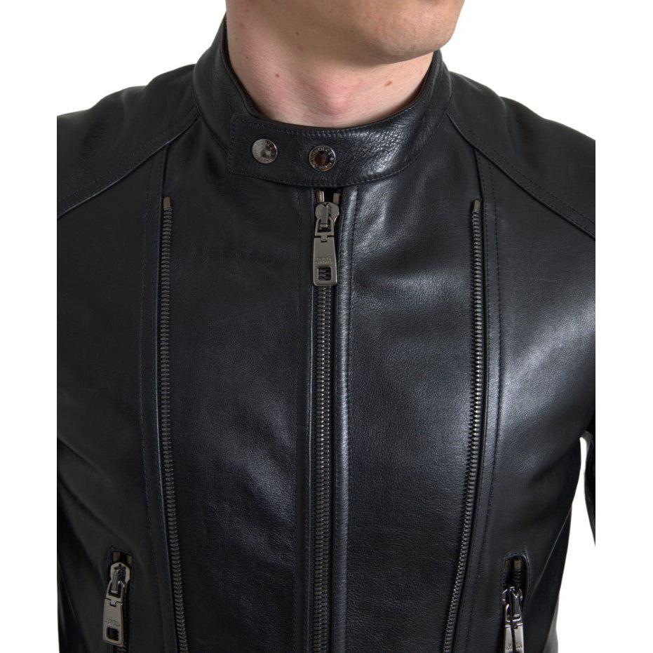 Dolce & Gabbana Black Leather Zipper Coat Men Jacket JKT3653-48