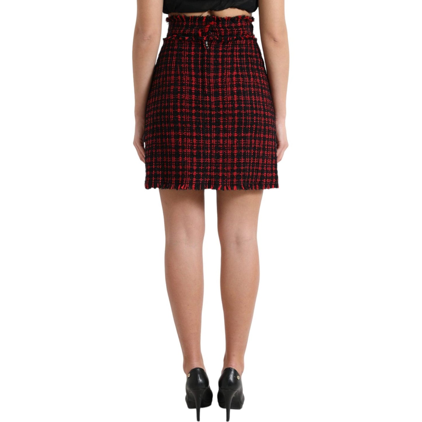 Dolce & Gabbana Black Red Cotton High Waist Tartan Tweed Mini Skirt SKI1956-40