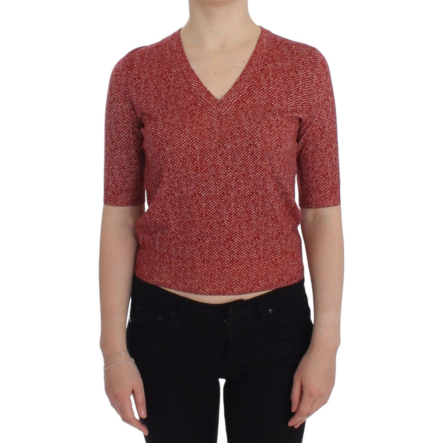 Dolce & Gabbana Enchanting Red Tweed V-Neck Sweater Dolce & Gabbana Sienna