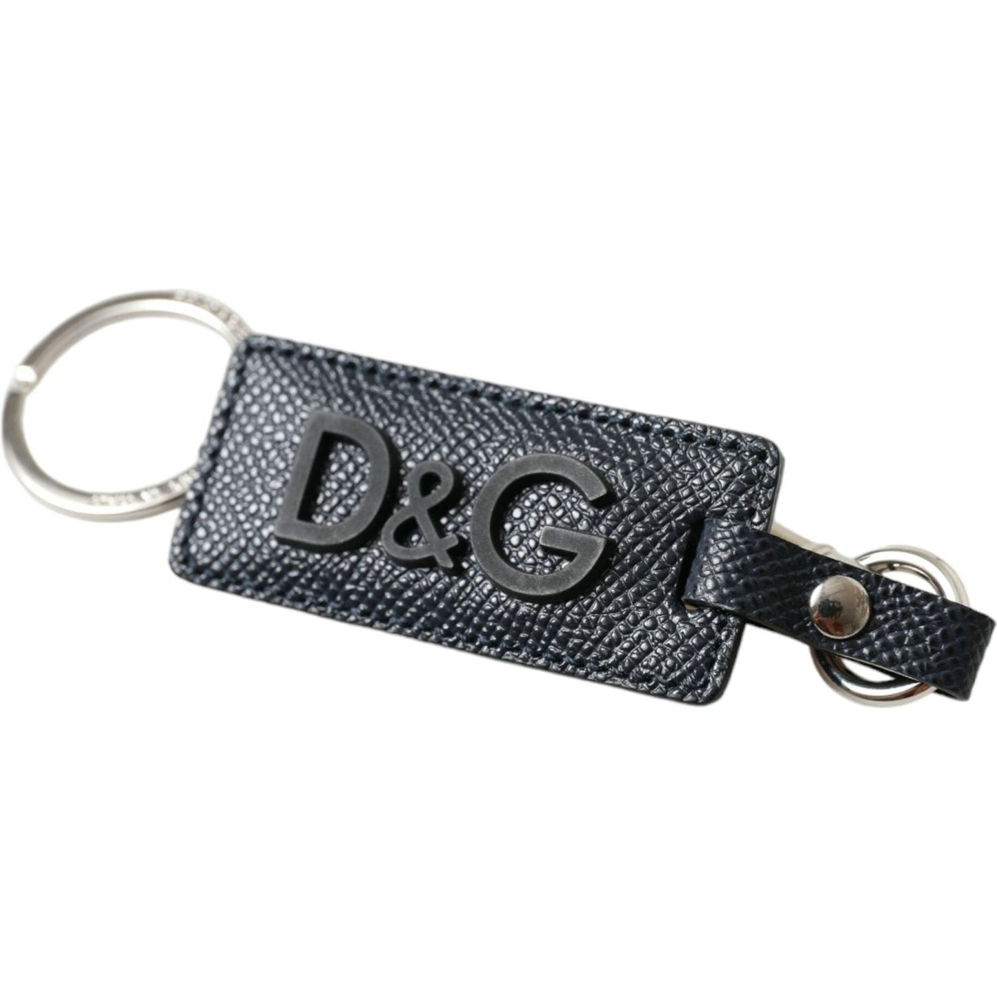 Dolce & Gabbana Black Calf Leather DG Logo Silver Brass Keyring Keychain SMY101359
