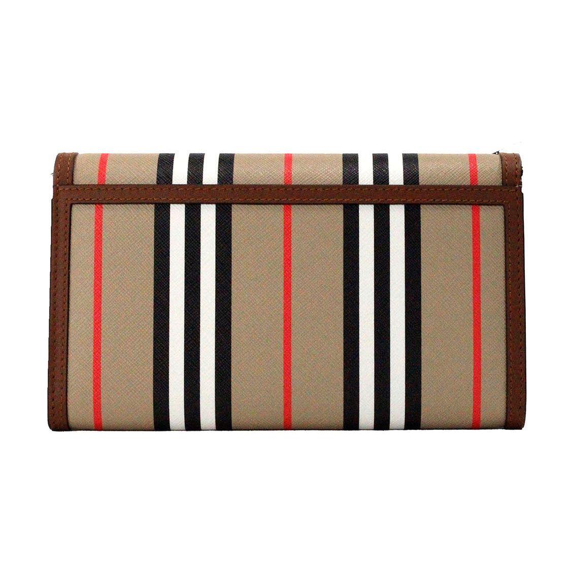 Burberry Hannah Icon Stripe Archive Tan E-Canvas Leather Wallet Crossbody Bag 89857