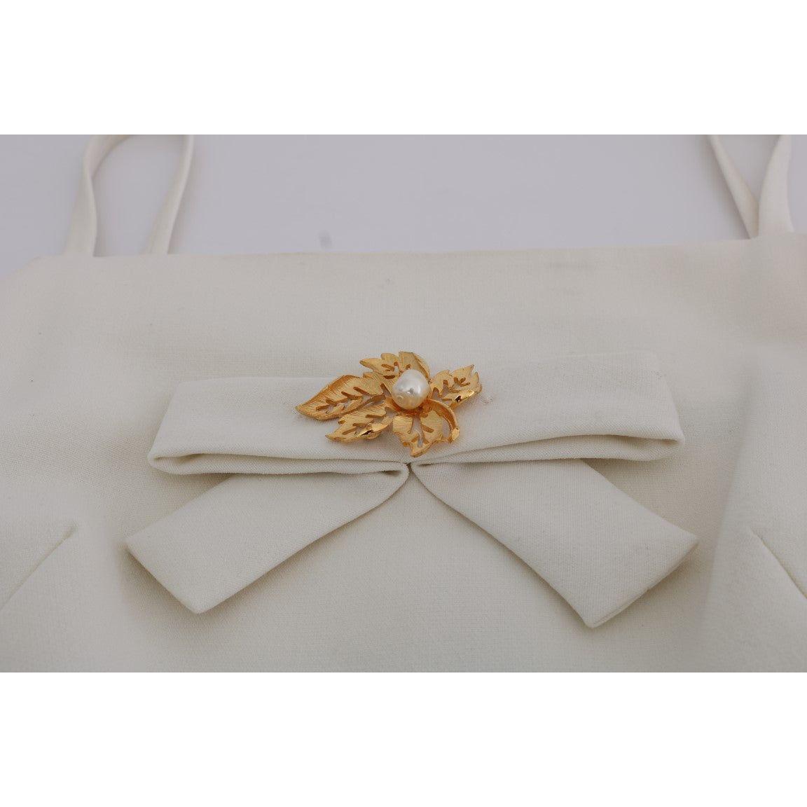 Dolce & Gabbana Elegant White Wool Shift Dress with Gold Brooch Dolce & Gabbana Dark Gray