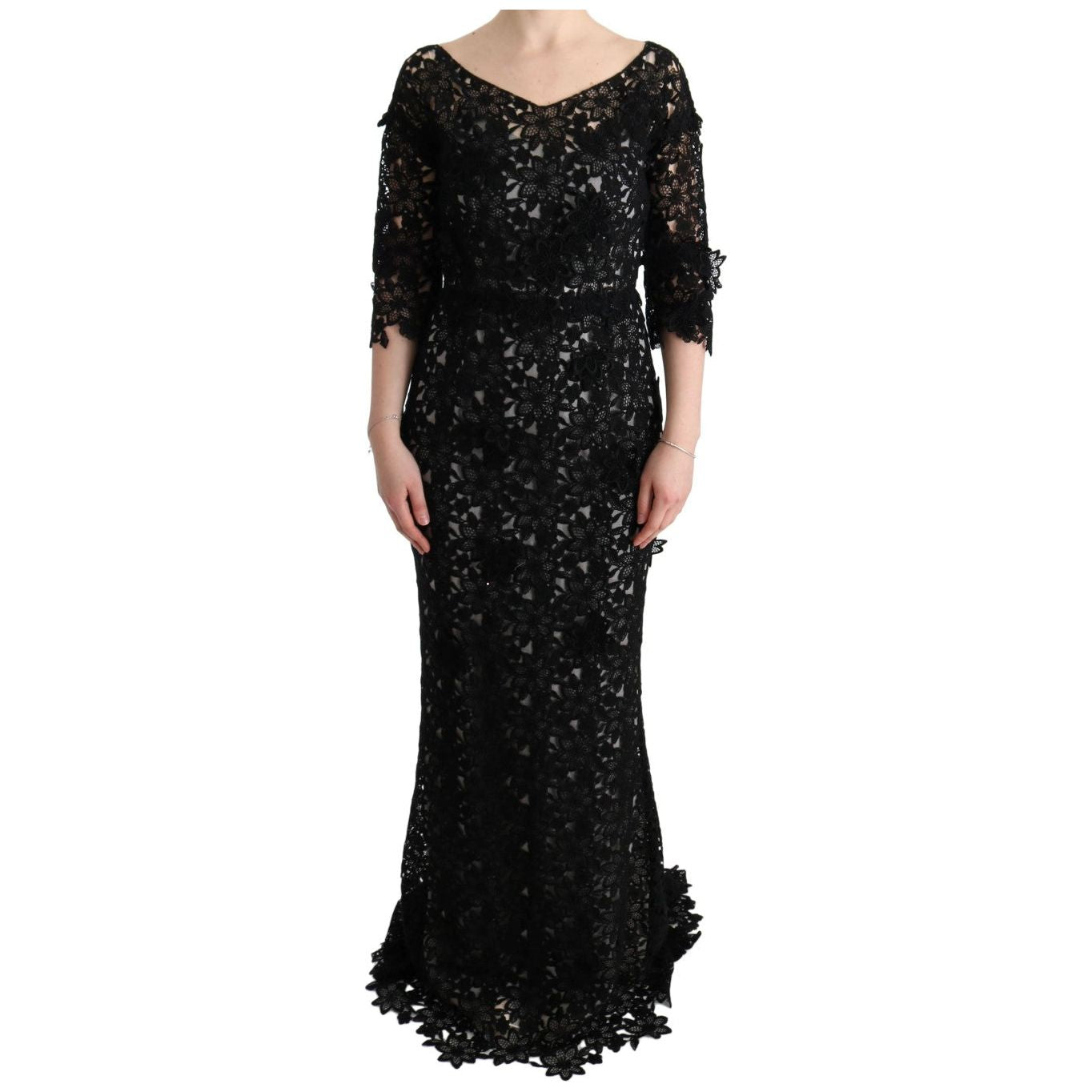 Dolce & Gabbana Elegant Black Maxi Shift Dress with Floral Applique Dresses Dolce & Gabbana Black