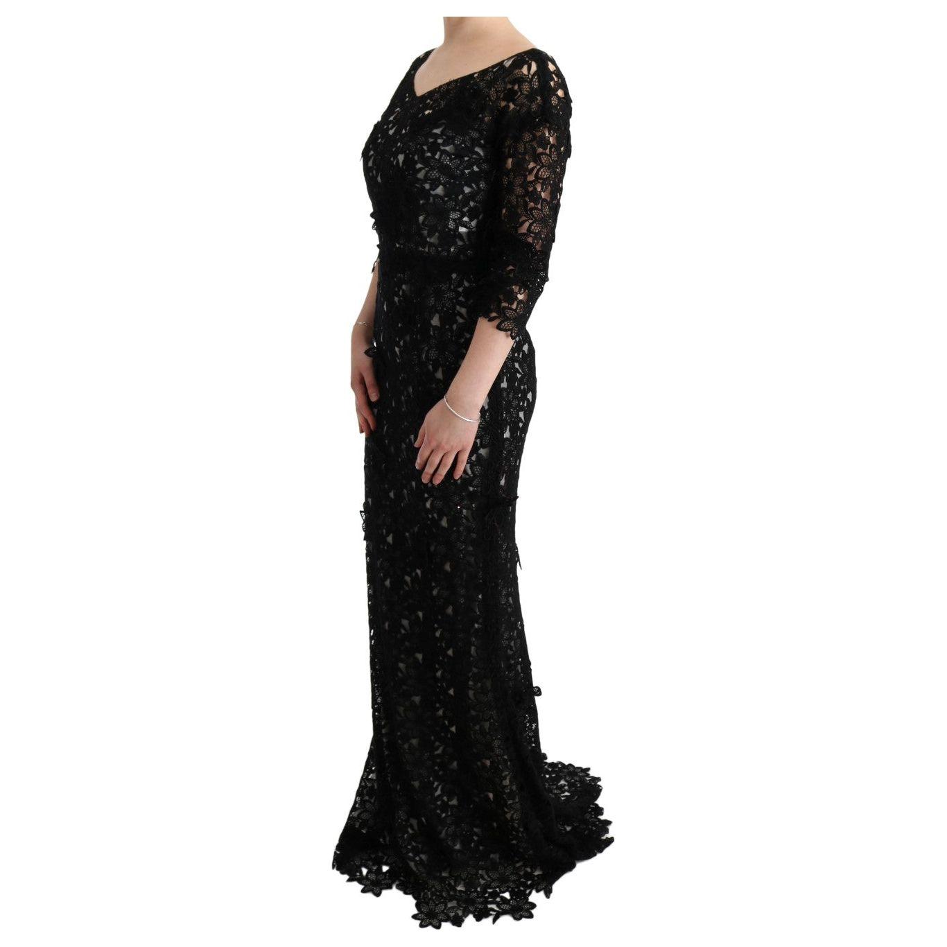 Dolce & Gabbana Elegant Black Maxi Shift Dress with Floral Applique Dresses Dolce & Gabbana Black