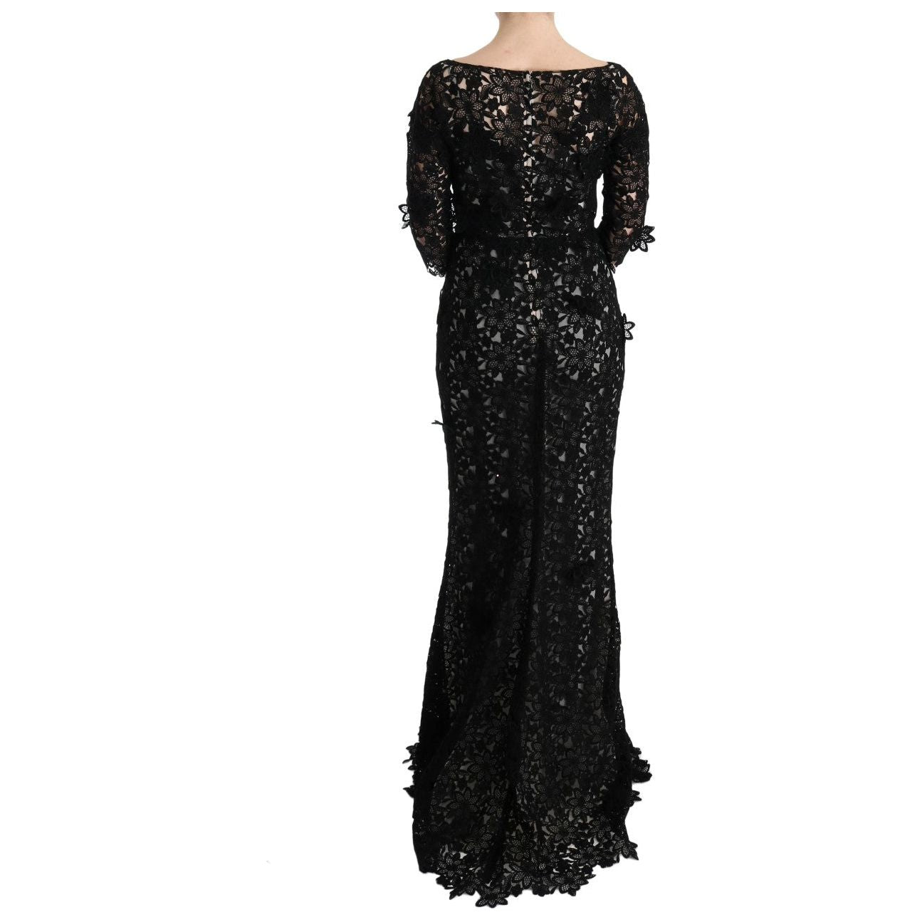 Dolce & Gabbana Elegant Black Maxi Shift Dress with Floral Applique Dresses Dolce & Gabbana Black