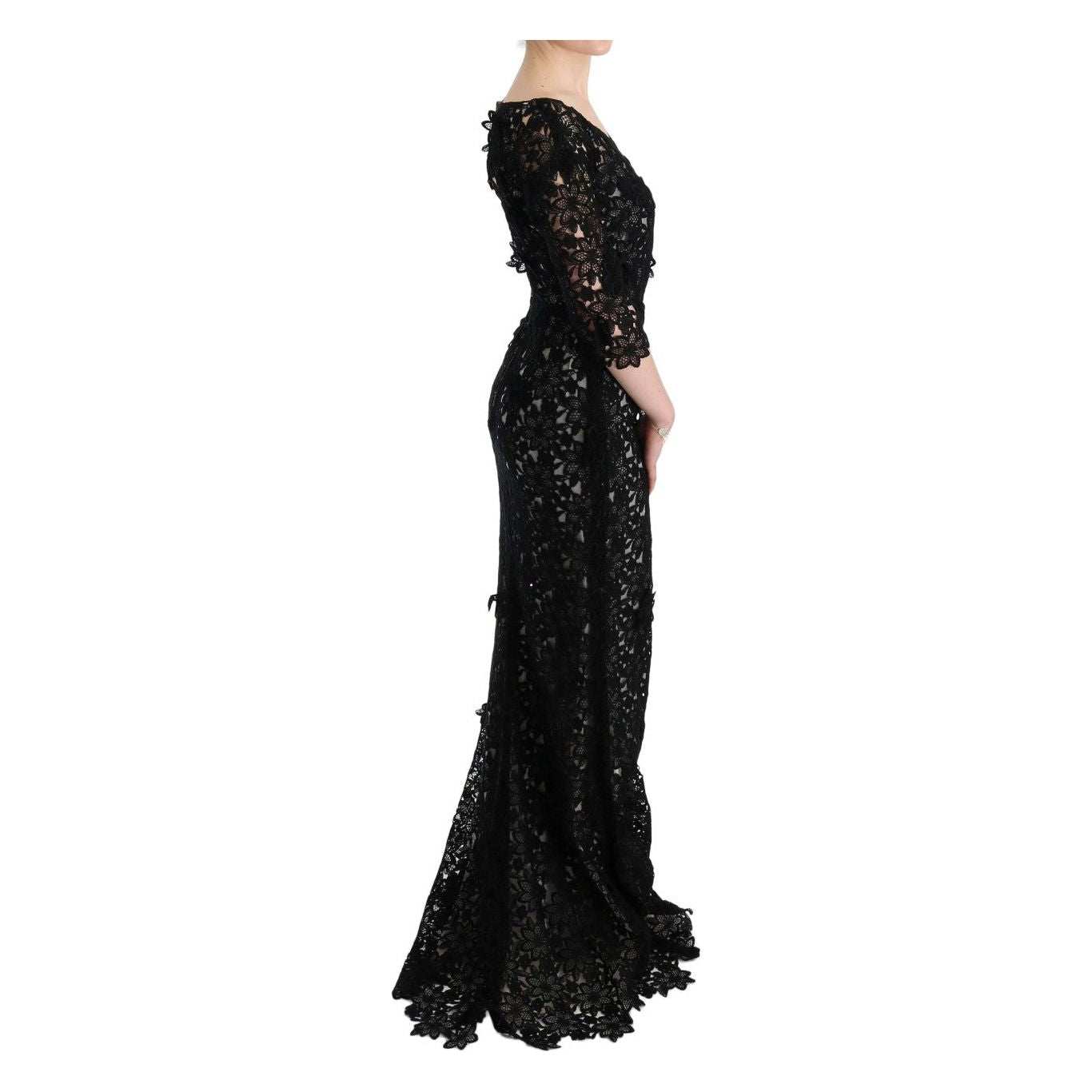 Dolce & Gabbana Elegant Black Maxi Shift Dress with Floral Applique Dresses Dolce & Gabbana Black