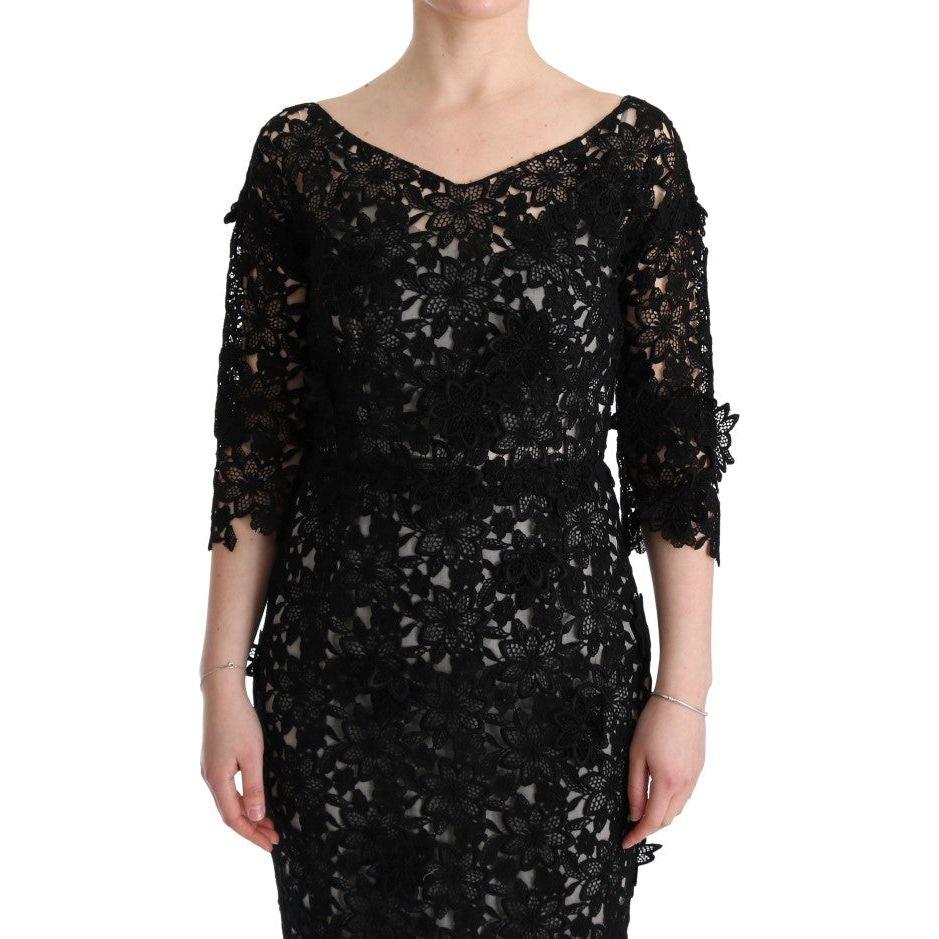 Dolce & Gabbana Elegant Black Maxi Shift Dress with Floral Applique Dresses Dolce & Gabbana Tan