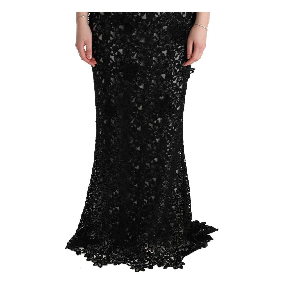 Dolce & Gabbana Elegant Black Maxi Shift Dress with Floral Applique Dresses Dolce & Gabbana Black
