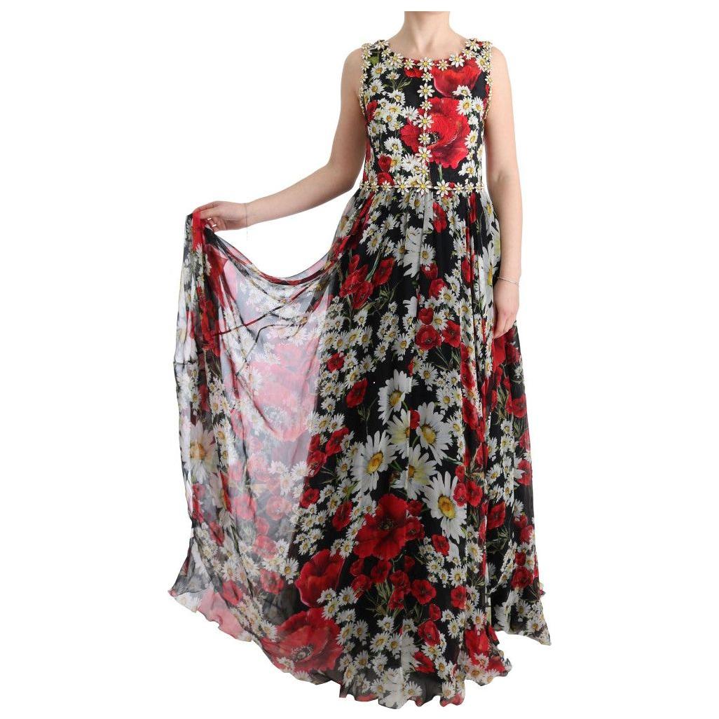 Dolce & Gabbana Floral Maxi Gown with Sunflower Print and Crystals Dolce & Gabbana Dark Gray